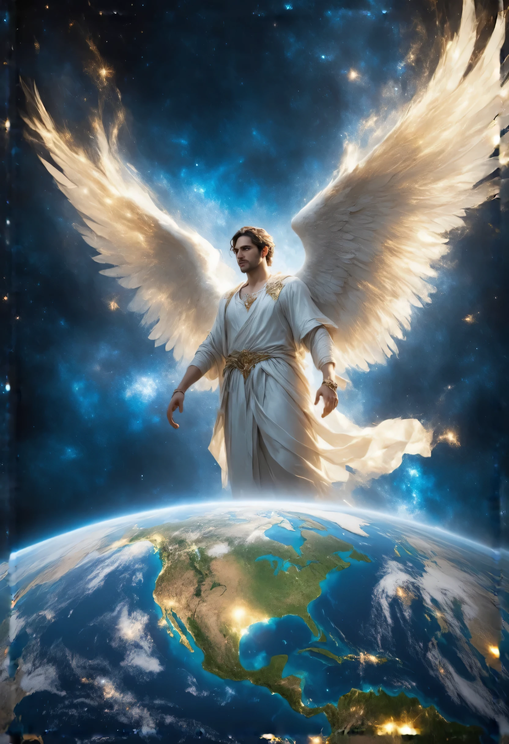 "Spacial scene, high definition, The messenger of God, Angel Gabriel, A male angel, strong and extremely handsome! made of pure light, with enormous and shimmering wings, floats in space, observing the Earth in detail, as seen in NASA photos. The Earth is in the foreground, Gabriel in all its Glory and Magnificence in its glamorous garments, observes it from the left side of the viewer. The blue planet, with golden lights, shines at a distance. Magical atmosphere, shades of blue, gold, and white. Merry Christmas." It's a moving scene, the angel is blessing our planet and everything that exists! 