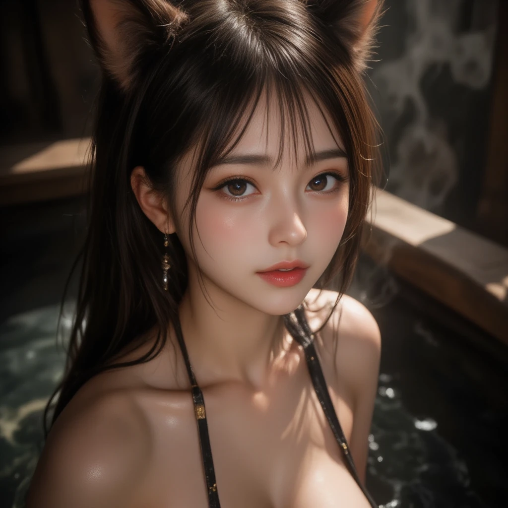 Cat ears、Sensual posture 、  attractive, desire, Obscene,  Beauty,   attractive体のラインの  , ((   fine facial features  , Crimson eyeliner、 eroticism)),   dramatic lighting that adds contrast   ,  realistic , 8k,     Dramatic Shadows  ,    intricate and elaborate patterns     ,      super detailed photo      ,     chiaroscuro lighting   ,     Pleasant colors   ,     deep contrast    ,    super real 、 pink lipstick、 deep cleavage、bewitching、hot spring、 full body view、Drawing composition、Big Breasts:1.3、 cinematic composition、 wet skin 、bathing、 crosses legs