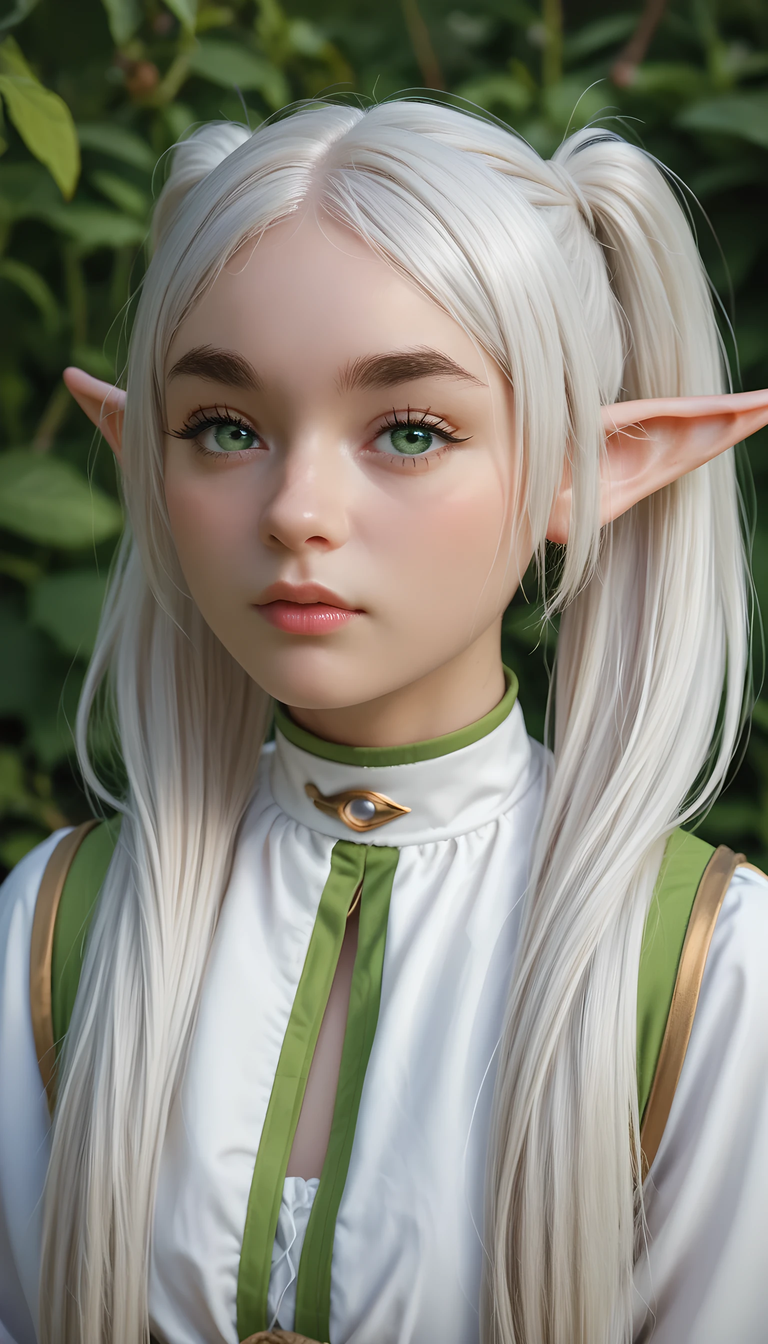 female elf with green eyes, thick eyebrows, long white hair parted in the middle and tied into two high pigtails