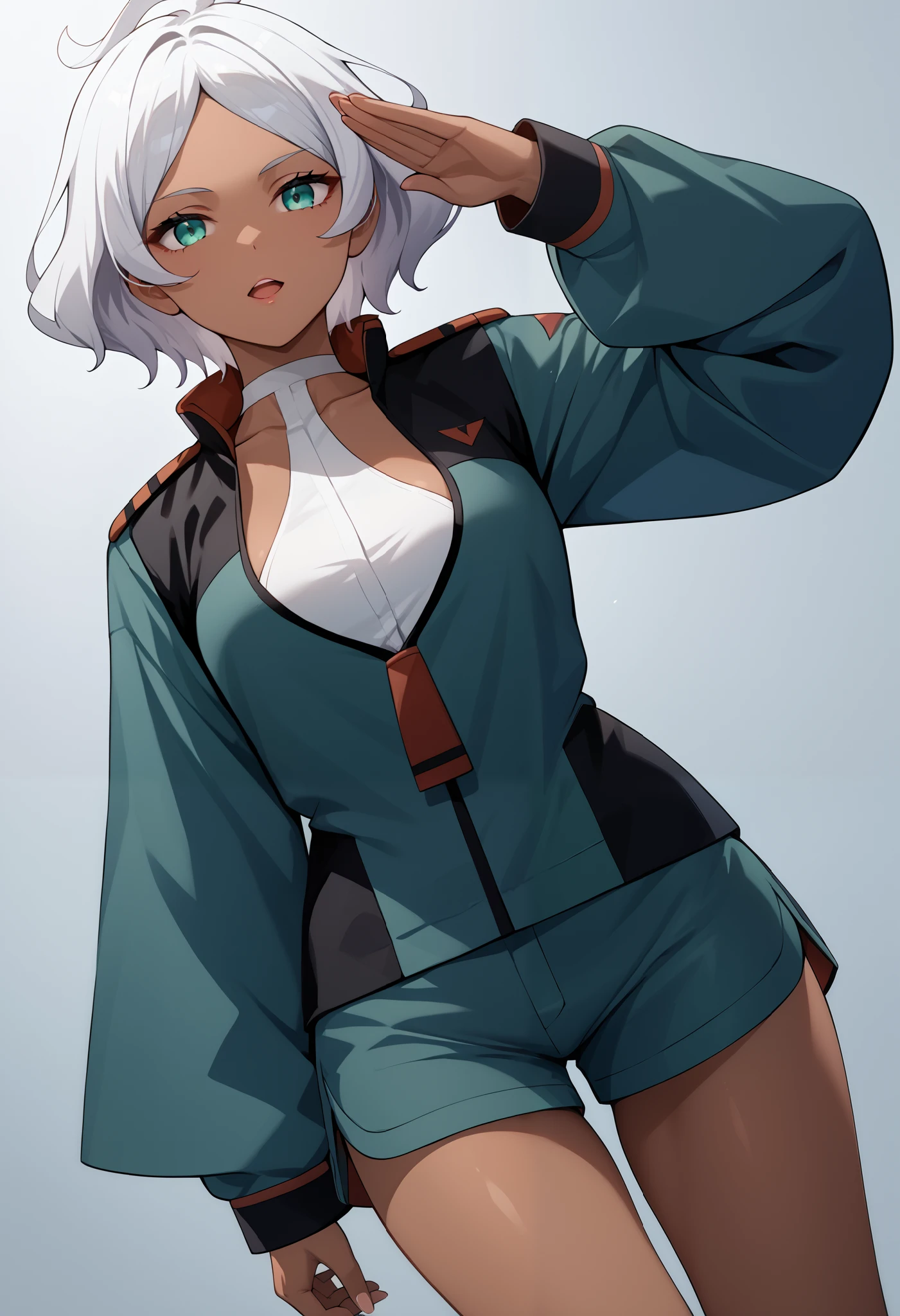 score_9, score_8_up, score_7_up, score_6_up, source_anime, 1 girl, seceliadote, secelia dote, dark skin, dark-skinned female, green eyes, short hair, white hair, asticassia school uniform, green jacket, jacket, school uniform, shirt, shoulder boards, thighs, white shirt, bare legs, salute, expressionless, void eyes, opened mouth,cowboy shot,simple background,dutch angle
