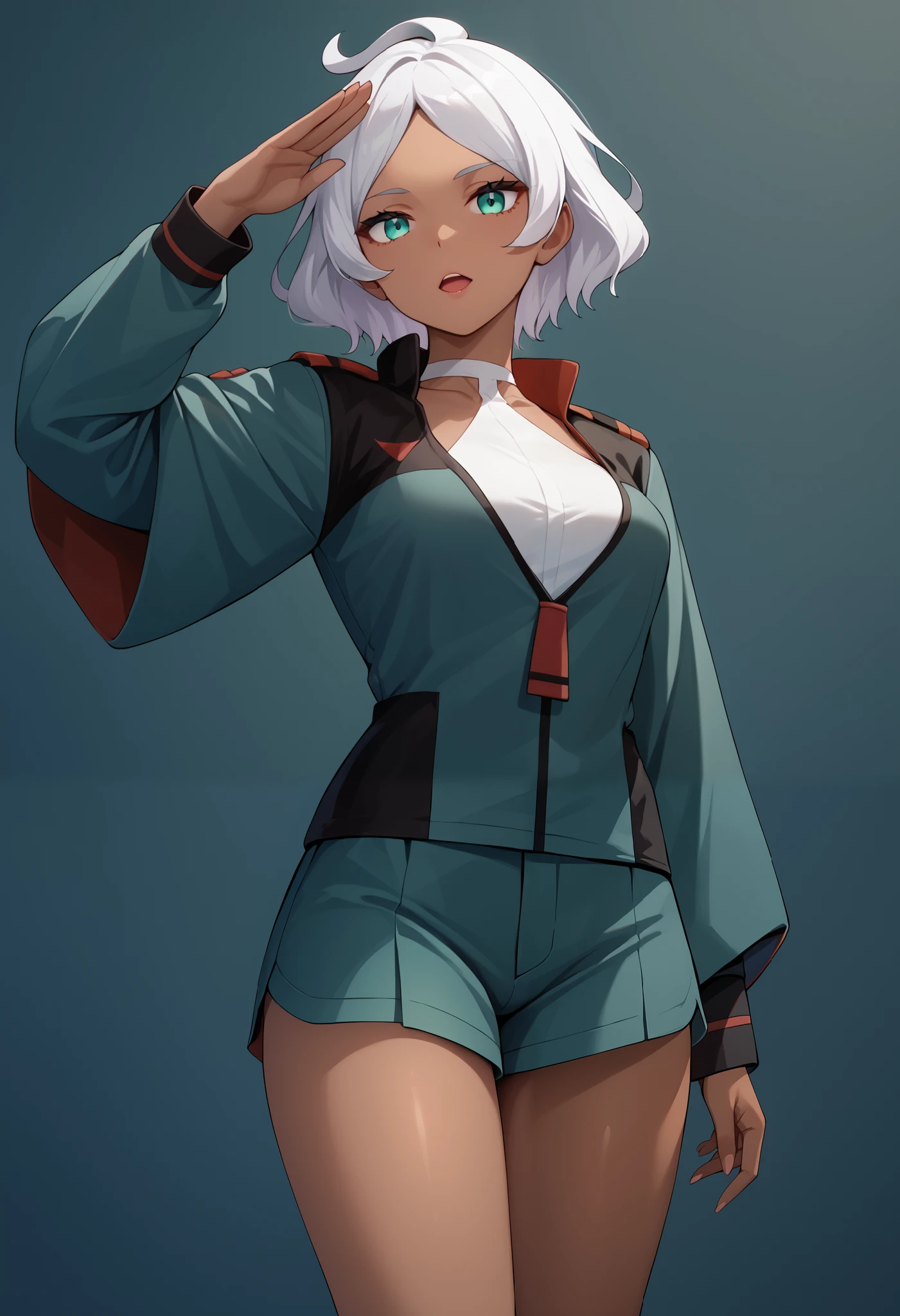 score_9, score_8_up, score_7_up, score_6_up, source_anime, 1 girl, seceliadote, secelia dote, dark skin, dark-skinned female, green eyes, short hair, white hair, asticassia school uniform, green jacket, jacket, school uniform, shirt, shoulder boards, thighs, white shirt, bare legs, salute, expressionless, void eyes, opened mouth,cowboy shot,simple background,dutch angle
