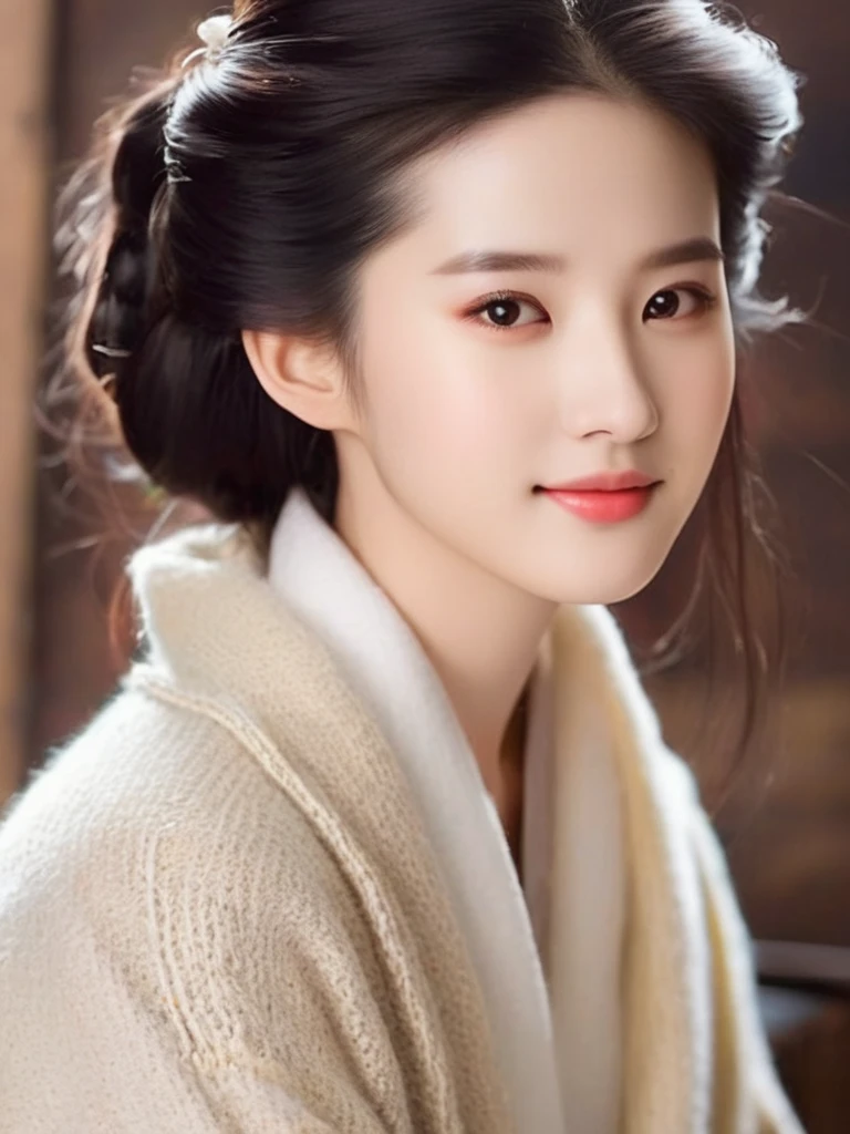 Someone with looks that combines IU's and Yifei Liu's looks would actually look like. She would have a soft, delicate look with features like Liu Yifei’s, but with IU’s gentle, expressive eyes and warm smile. A balance between elegance and warmth, with a hint of playfulness. combining IU’s gentle, soulful charm with Liu Yifei’s ethereal elegance would create someone breathtaking. She has the kind of presence that feels both approachable and otherworldly, with delicate features that convey strength and grace. Her eyes are filled with emotion, drawing people in, while her smile lightd up the room with warmth and sincerity. Wearing a cozy sweater with a crisp white shirt underneath. Wearing a crisp white shirt layered with a cozy sweater and paired with dark jeans.
 realistic photo, high resolution, 4K