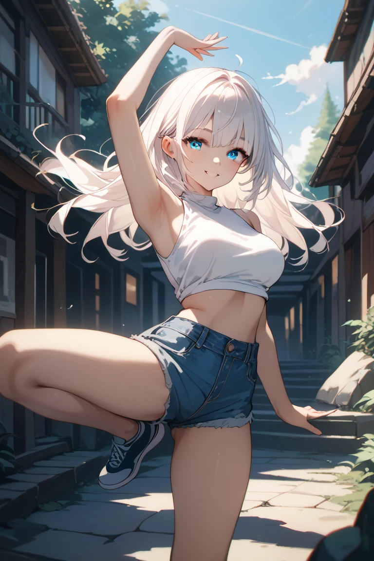 Satoru is a 20-year-old girl , with size 7 breasts,  with blue eyes , white long hair,  wearing a white sleeveless tank top,  in short shorts .  She stands on one leg ,  and lifts the second one straight up