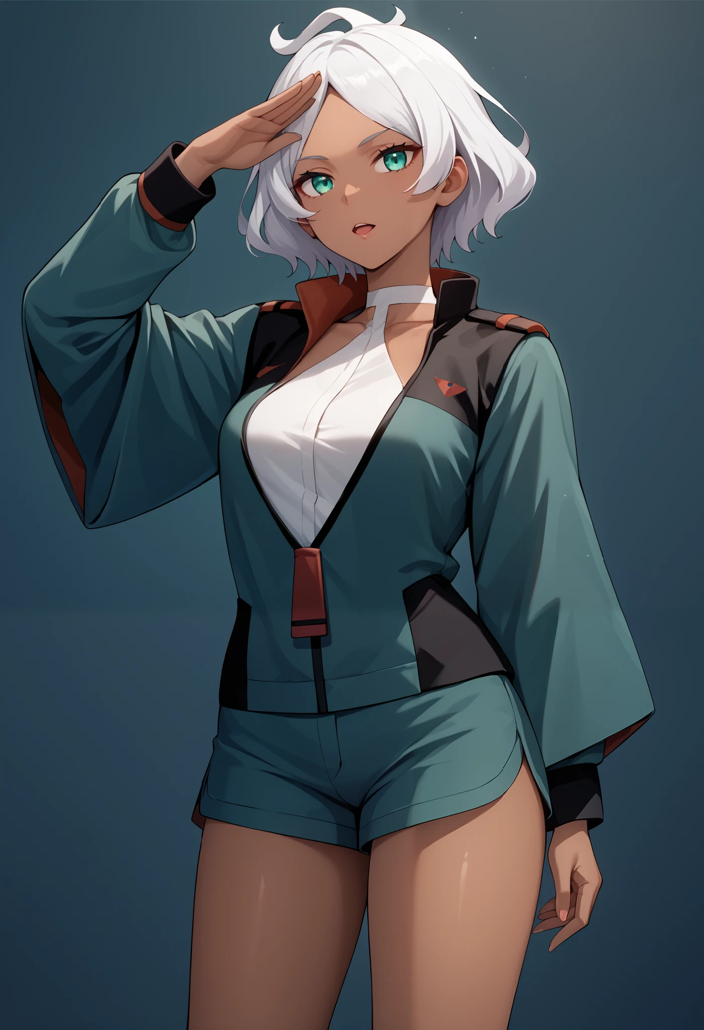 score_9, score_8_up, score_7_up, score_6_up, source_anime, 1 girl, seceliadote, secelia dote, dark skin, dark-skinned female, green eyes, short hair, white hair, asticassia school uniform, green jacket, jacket, school uniform, shirt, shoulder boards, thighs, white shirt, bare legs, salute, expressionless, void eyes, opened mouth,cowboy shot,simple background,dutch angle
