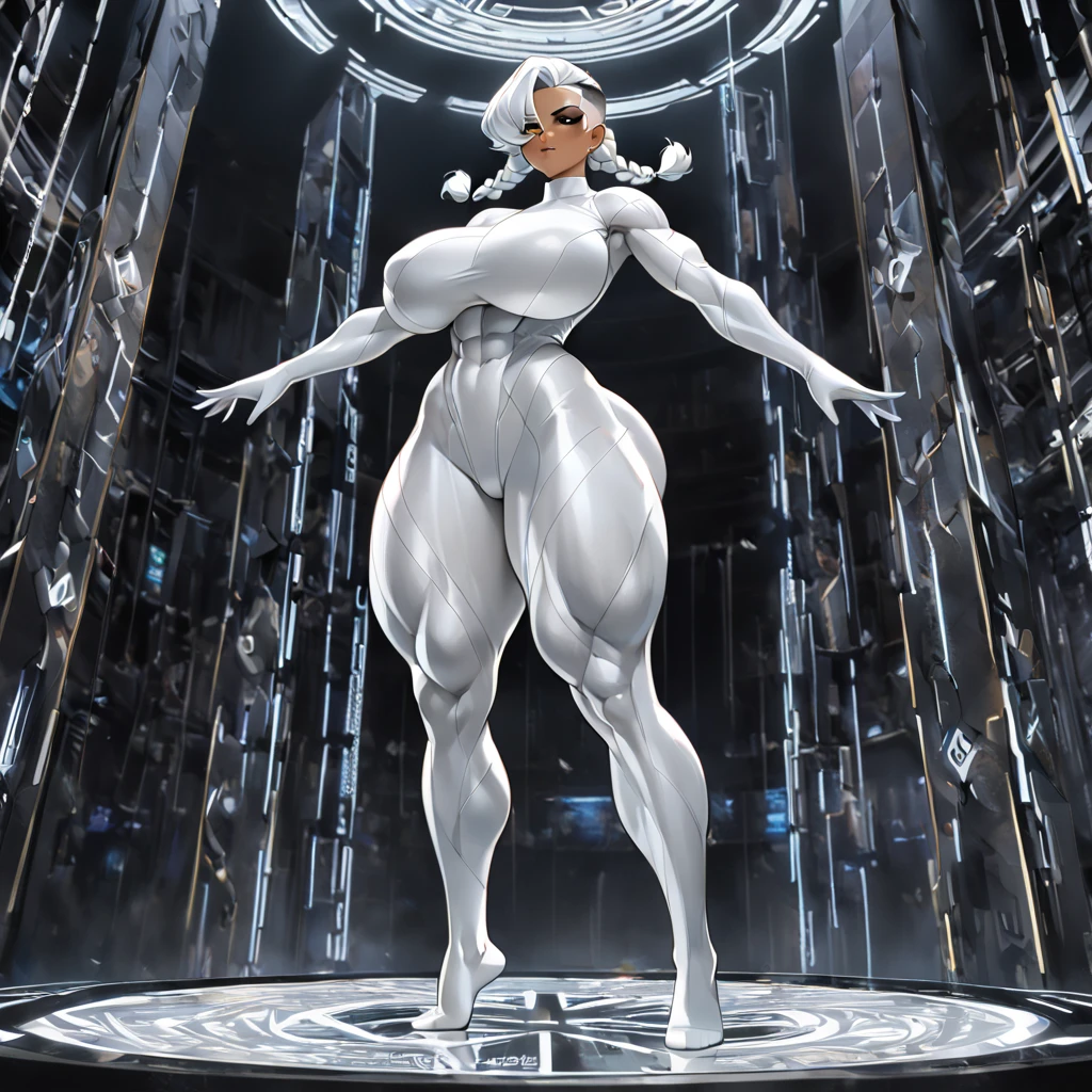 ((2D dynamic vibrant anime oily paimting art style)), front view, woman, solo, dark skinned latina babe, white twin braids with undercut, white eyes irises, (black sclera), (black circuitry etched into her skin), wearing plain all white mock neck full body bodysuit, long sleeved white full body bodysuit,white tight hand gloves,  white tight socks feet, , tall, mildy fat, lean athletic, muscular, muscle mommy build, huge-medium- big breasts, big hips, thick huge juicy bubbly ass, thick muscly thighs and legs, levitating above ground level, arms folded, in a black metallic hall with geometric glowing circuitry lines designed onto it.{{Hyper Detailed Imagery}}