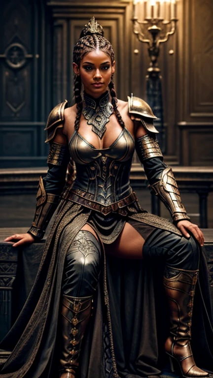 High resolution 8k detailed photo flashlight, european woman around 40 years old, woman body figure tall with long legs, woman face natural face, breast size medium size, hairstyle sexy bob with long braided braid and the sides of the head shaved bald, woman hair color bronze, complicated Armor details, great level of detail, photogenic details on armor, incredibly sharp details, detailed armor, intricately etched armor, high level of detail and very sharp, incredibly sharp details, clothing black bronze, photo background dystopian outside, Clothing sleeveless and with a long skirt black bronze, Gothic clothing with Irish accents, Woman model pose sitting facing forward, pose sitting on black bronze throne looking forward, european Woman pale skin with freckles, Full body representation