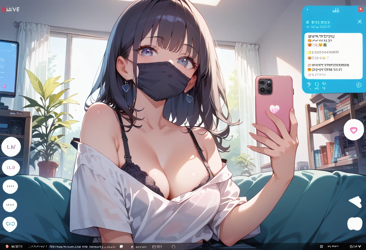 (masterpiece, best quality, ultra detailed, high resolution, detailed facial description), (1 female:1.3), (loose shirt, bra strap), (black mouth mask), down blouse, looking at viewer, (fake phone screenshot), (livestream), my room, (Another view of the lower body:1.5)