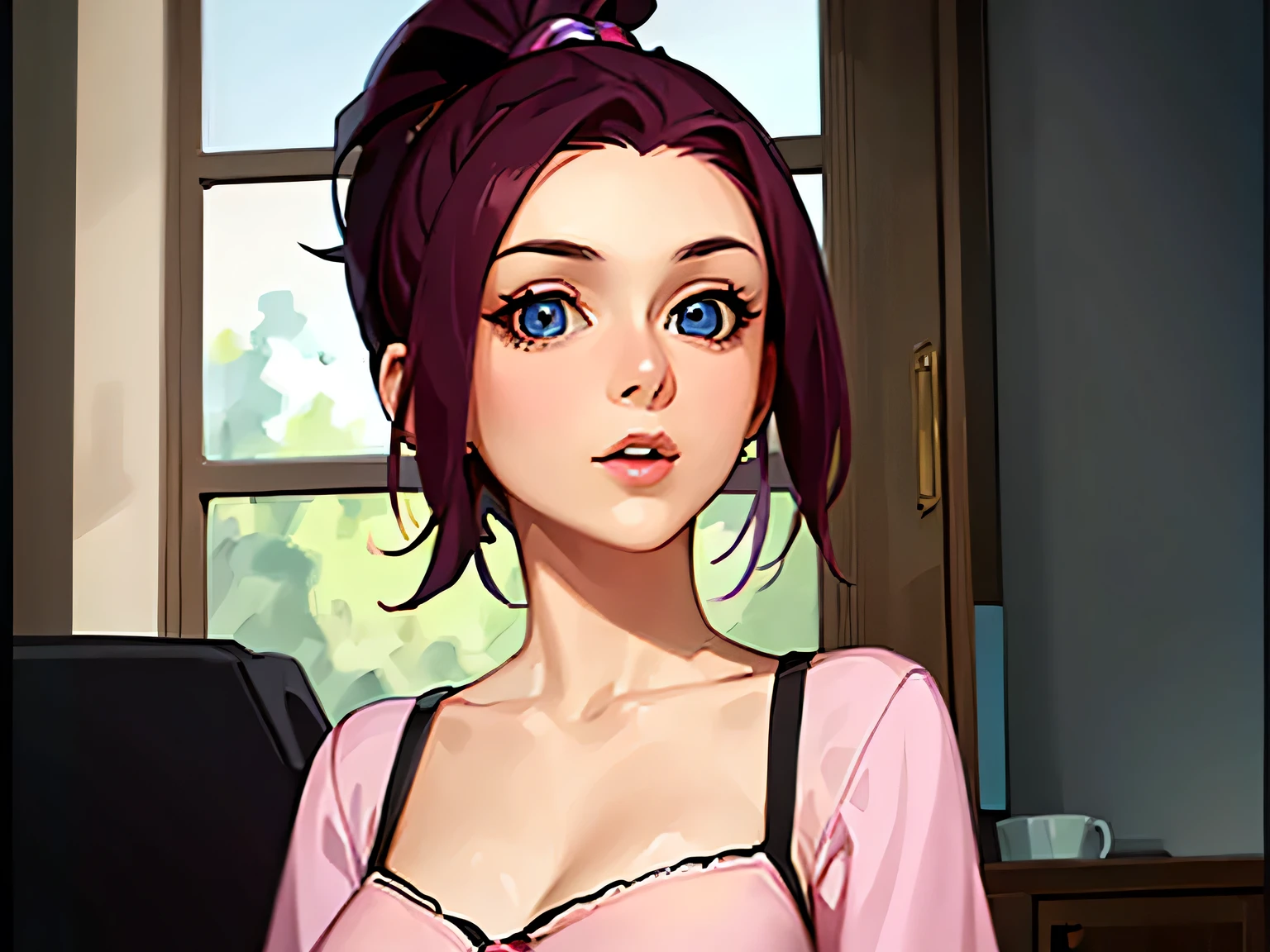 (masterpiece, best quality:1.2) 1girl, woman in her early 20s, pink shirt, face close-up, brown hair, ponytail, indoors, blue eyes, lipstick, looking at viewer, HPP_YGO

