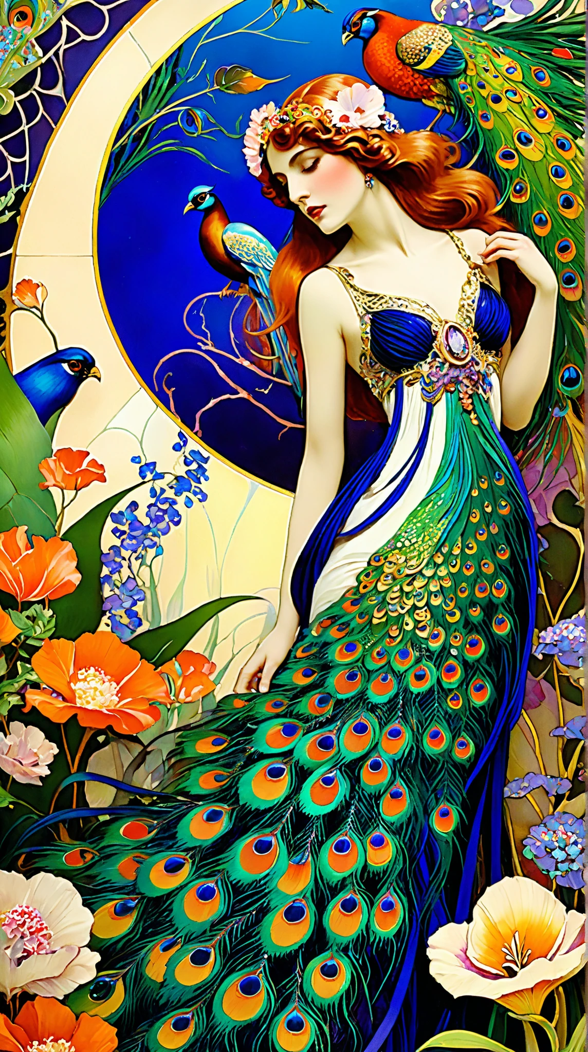 breathtaking Jugendstil scene, Leon Bakst inspired,hot dreamy fantasy paradise, vibrant, serialist colorful patterns, Art Nouveau style, lush tropical garden, sprawling florals, peacocks, elegant feminine figures, flowing silk fabrics, glittering jewels, ornate architectural details, exotic birds, realistic high details, impressionist brushstrokes, Gustav Klimt and Alfons Mucha influences