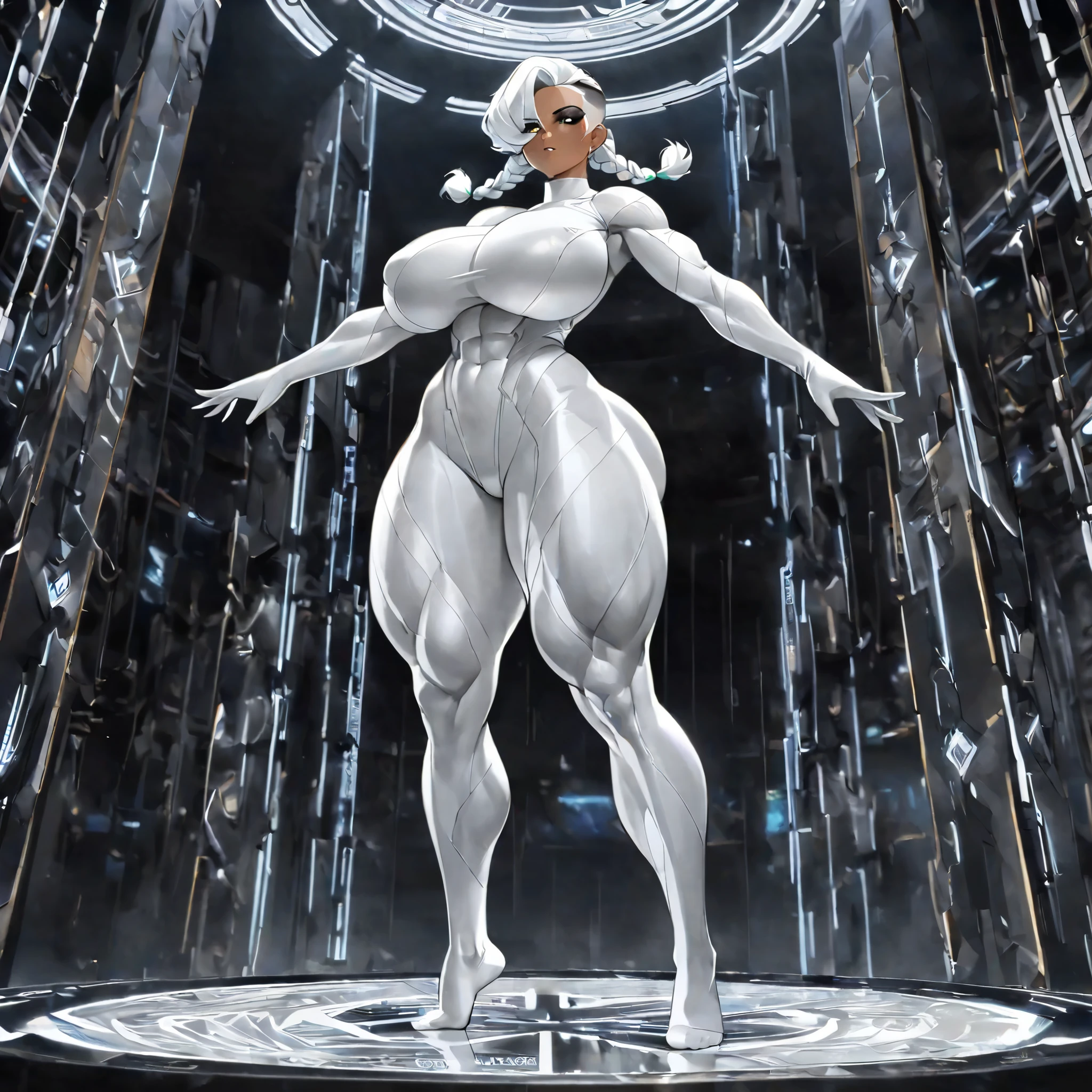 ((2D dynamic vibrant anime oily paimting art style)), front view, woman, solo, dark skinned latina babe, white twin braids with undercut, white eyes irises, (black sclera), (black circuitry etched into her skin), wearing plain all white mock neck full body bodysuit, long sleeved white full body bodysuit,white tight hand gloves,  white tight socks feet, , tall, mildy fat, lean athletic, muscular, muscle mommy build, huge-medium- big breasts, big hips, thick huge juicy bubbly ass, thick muscly thighs and legs, levitating above ground level, arms folded, in a black metallic hall with geometric glowing circuitry lines designed onto it.{{Hyper Detailed Imagery}}