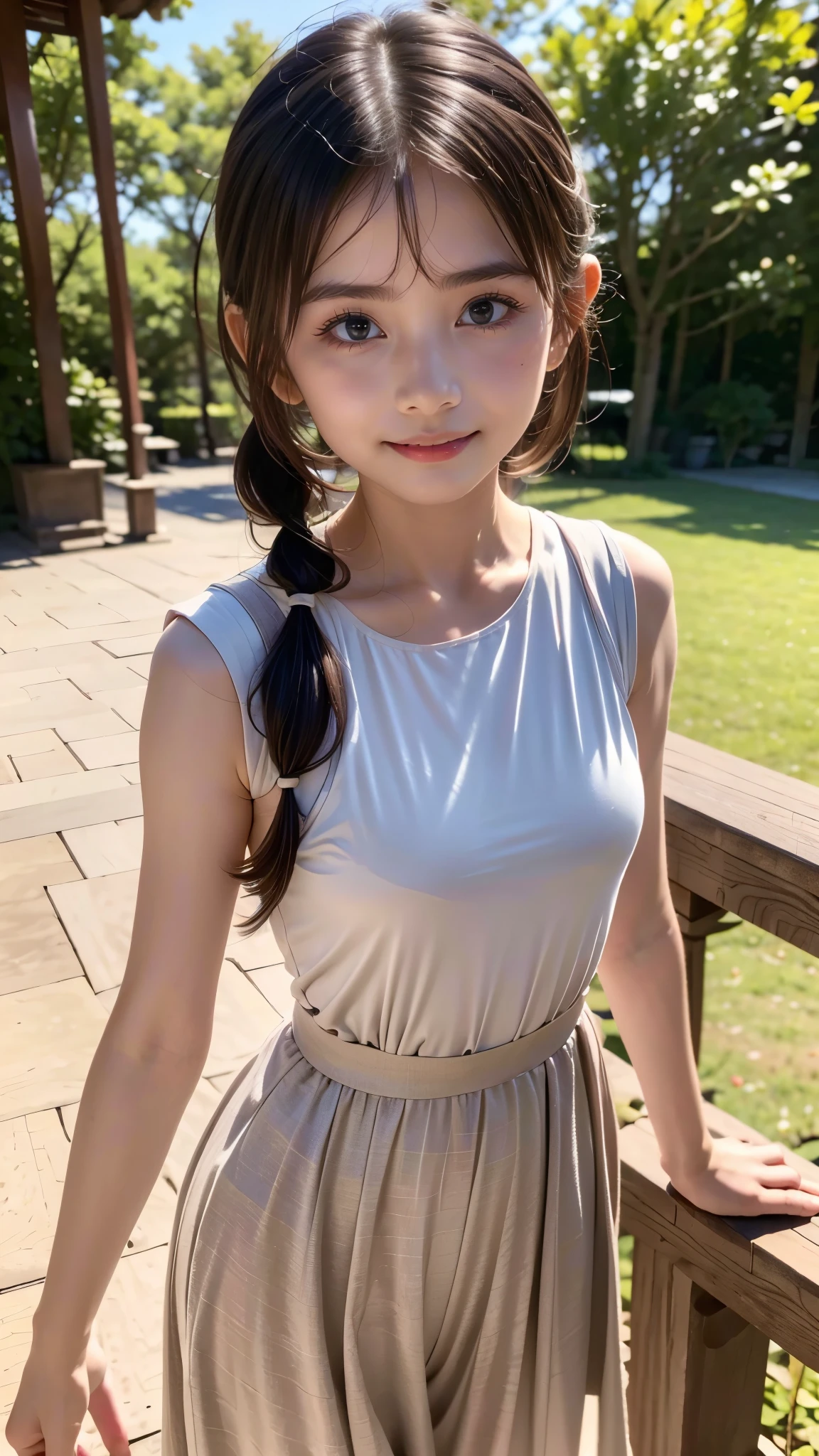 ( top quality, 8k, RAW photos , Masterpiece :1.3), 1 Beautiful Girl, :1.3, Baby FYoung Face, Beautiful small face, High nose, sexy lips, Clear white skin, (( Stylish Twin Tails)), ( tight waist:1.2), (Small beautiful breasts), ( Detailed Eyes and Faces :1.2, Professional photography), ( Perfect Anatomy:1.2), Imperial Court Garden ,