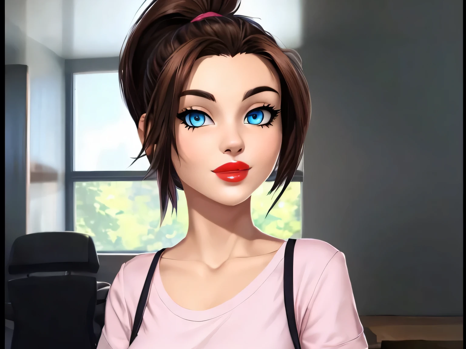 (masterpiece, best quality:1.2) 1girl, woman in her early 20s, pink shirt, face close-up, brown hair, ponytail, indoors, blue eyes, lipstick, looking at viewer, BEUD

