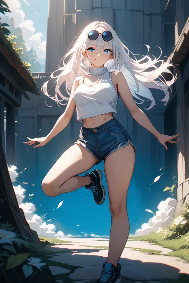 Satoru is a 20-year-old girl , with size 7 breasts,  with blue eyes , white long hair,  wearing a white sleeveless tank top,  in short shorts .  She stands on one leg ,  and lifts the second one straight up