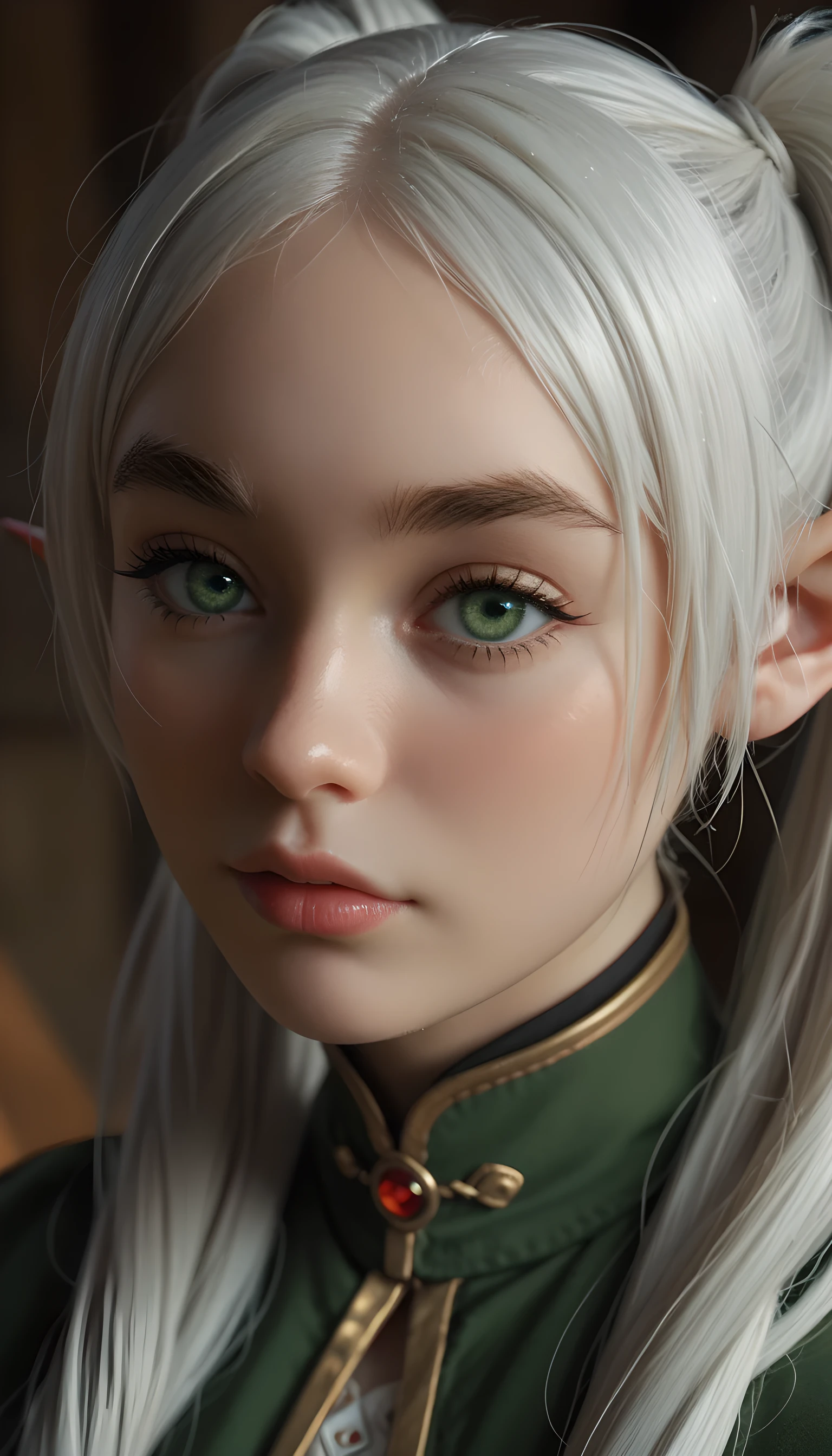 female elf with green eyes, thick eyebrows, long white hair parted in the middle and tied into two high pigtails, dark fantasy, frieren, close up
