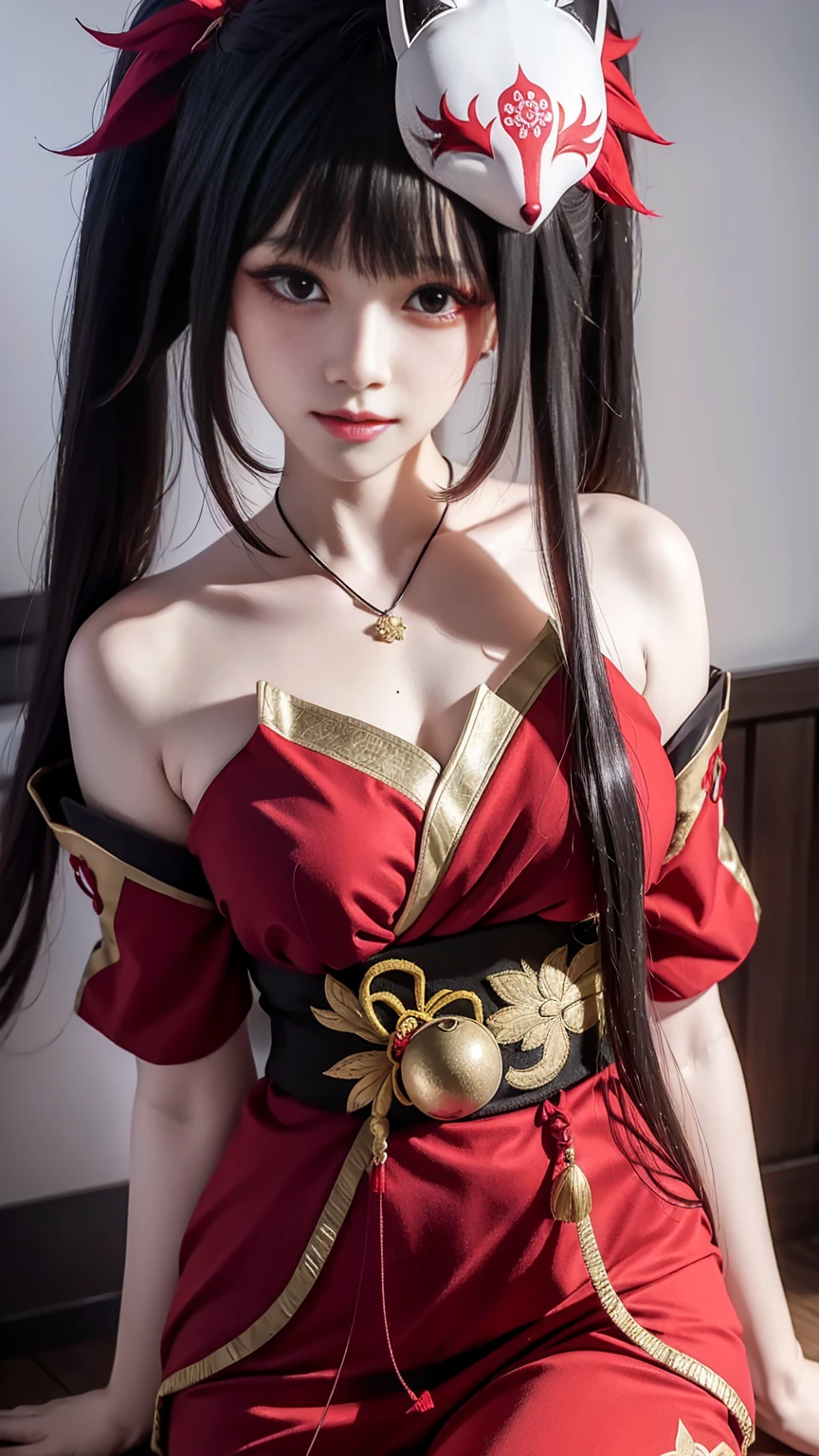 best quality, masterpiece,Ultra-high resolution,Clear face,Face Focus（real：1.4），Small face，Ultra-thin face，Ambient Lighting，Fupert Lighting，(Upper body photo), Skin Texture(Reality:1.50), 1 Girl, solo, Long hair, Black Hair, Double tail, Headband, Mask on hair, Hair accessories, Yellow eyes, Purple dress, Chinese dress，Shut up，serious，Looking at the audience，The thighs can be seen，Second dimension character，cosplay，Anime idol poses，Thin legs，Long legs，Simple background，blur background