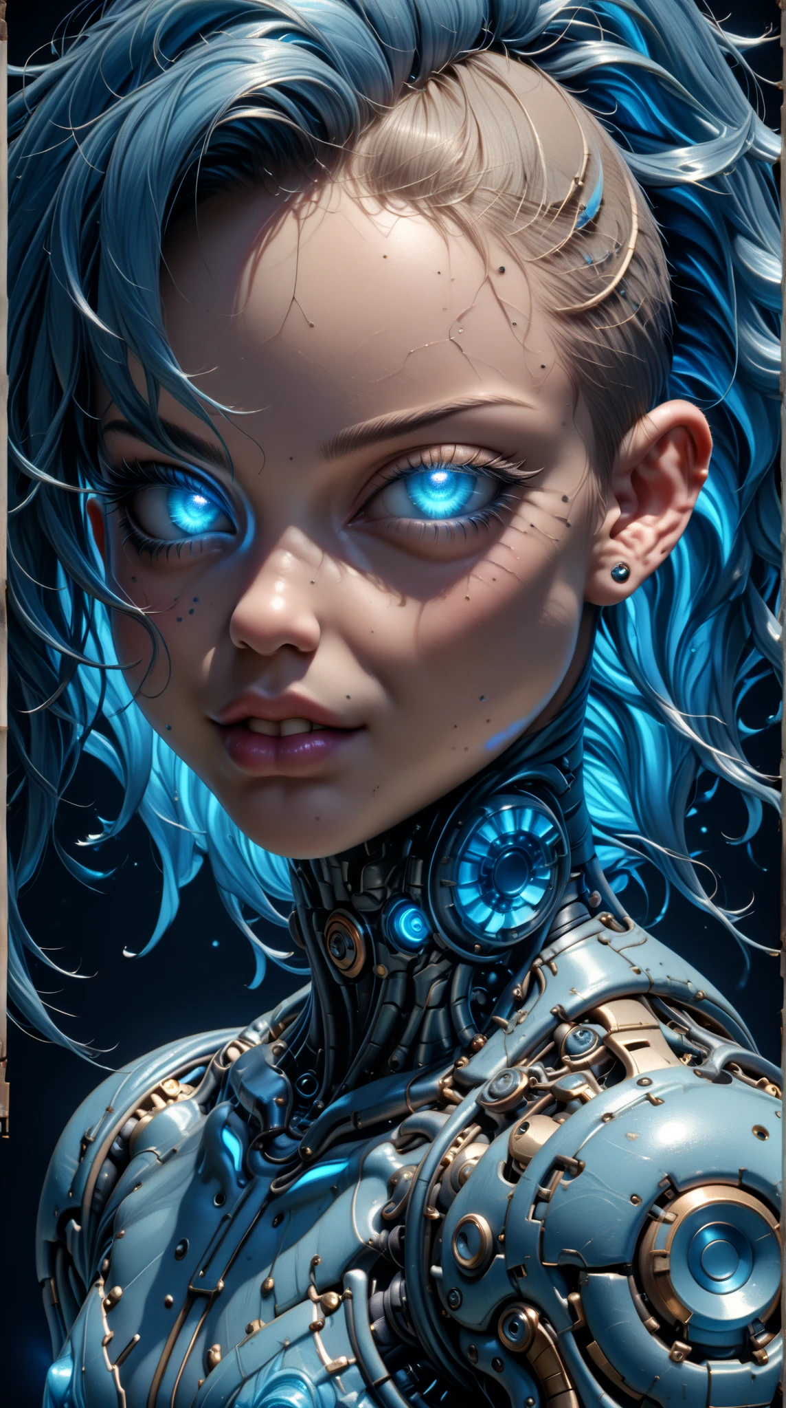 score_9, score_8_up, score_7_up, (Three quarters Shot), (1 girl), (asian), beautiful teenage (skinny) muscular goth cyborg girl, (full Cybernetic bodysuit:1.5), (black sclera:1.5), (blue glowing eyes:1.5), (blue glowing body veins:1.5), (flat chest:1.25), (blue glowing hair:1.25), (beautiful face:1.25), (bodybuilder femboy physique:1.25), (skinny long legs:0.75), (intricate gold filagree:1.25), bimbo lips, cowboy shot, cybernetic, mechanoid body parts, exposed cables and circuits, neon lights, gothic neon style, cyber punk style, super realistic image, beautiful digital paint , hyper Realistic illustrations, CyberRealistic_Negative_PONY-neg,CyberRealistic_Negative_PONY