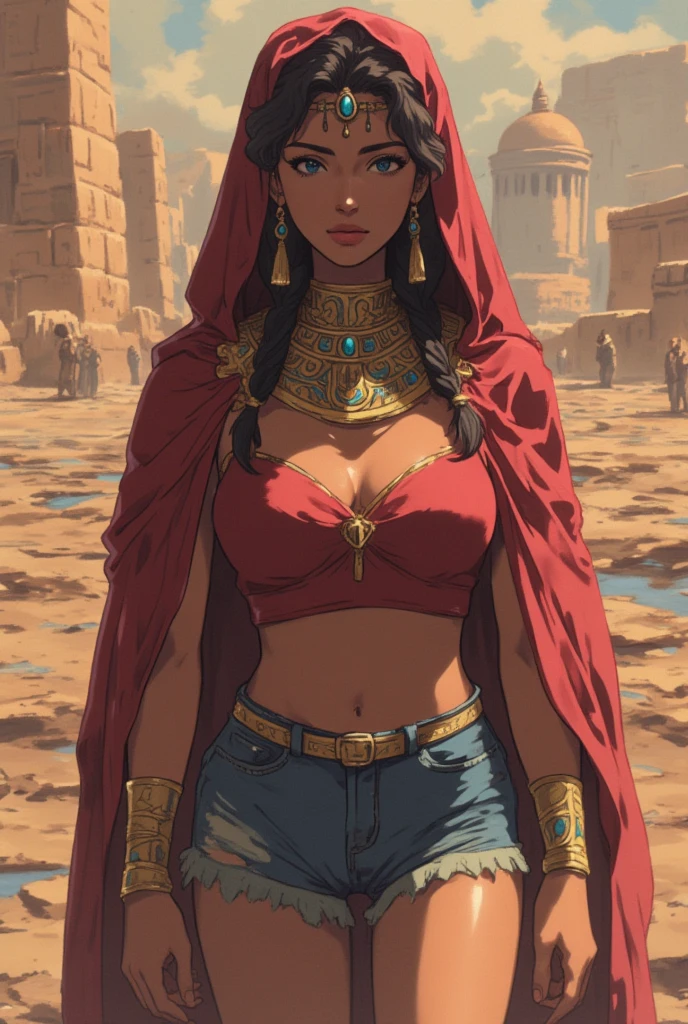 egypt ancient aesthetics, extremely detailed, realistic, woman, jeans. ,жертва ритуала, turtleneck, sinking plunged in messy sludge, соблазнительная поза, теряющий контроль, традиционный коренной макияж. красный, зеленый, синий,