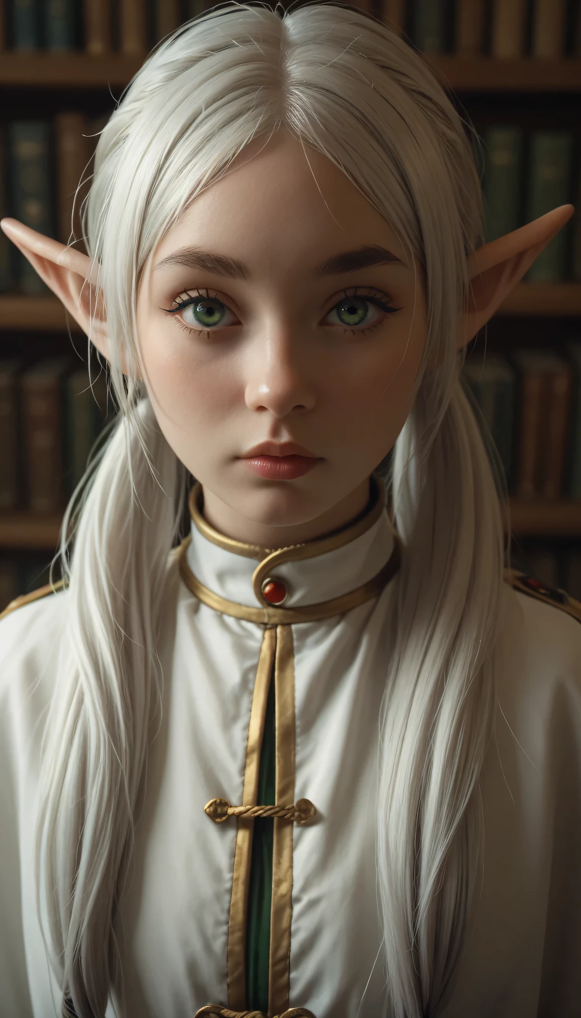 female elf with green eyes, thick eyebrows, long white hair parted in the middle and tied into two high pigtails, dark fantasy, frieren, library, front, looking at viewer, staring 