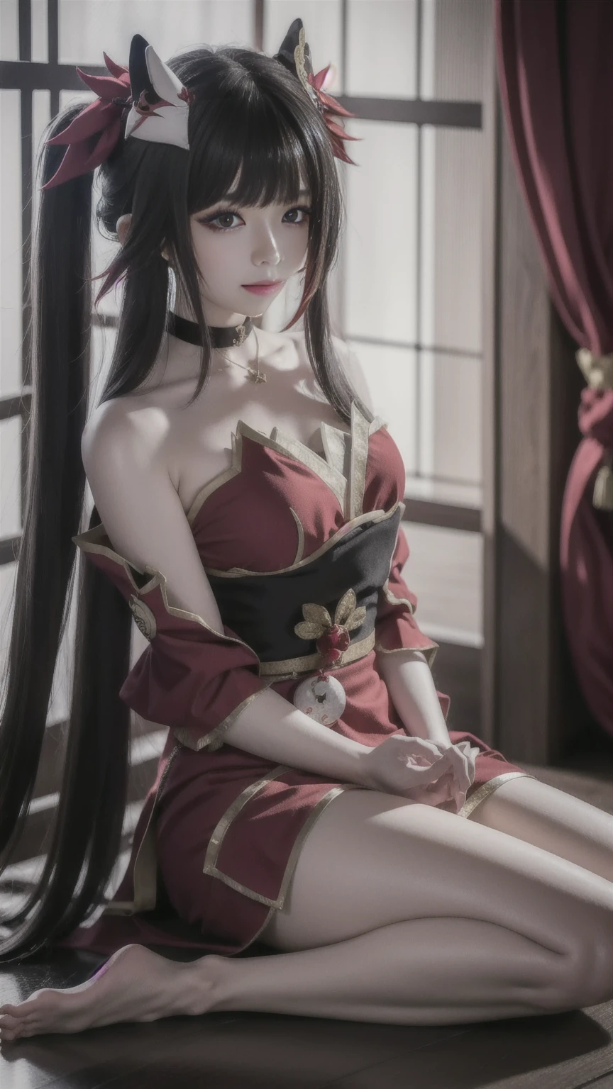 (((1girl))), (cowboy shot), sc_nyx, red eyes,large breasts, thighs, legs up,bare shoulders,(lying), (smile:0.8), upper body, indoors, ((noon)), pose, studio lighting, better light,looking at viewer,on back,bound arms,arms up,on bed,