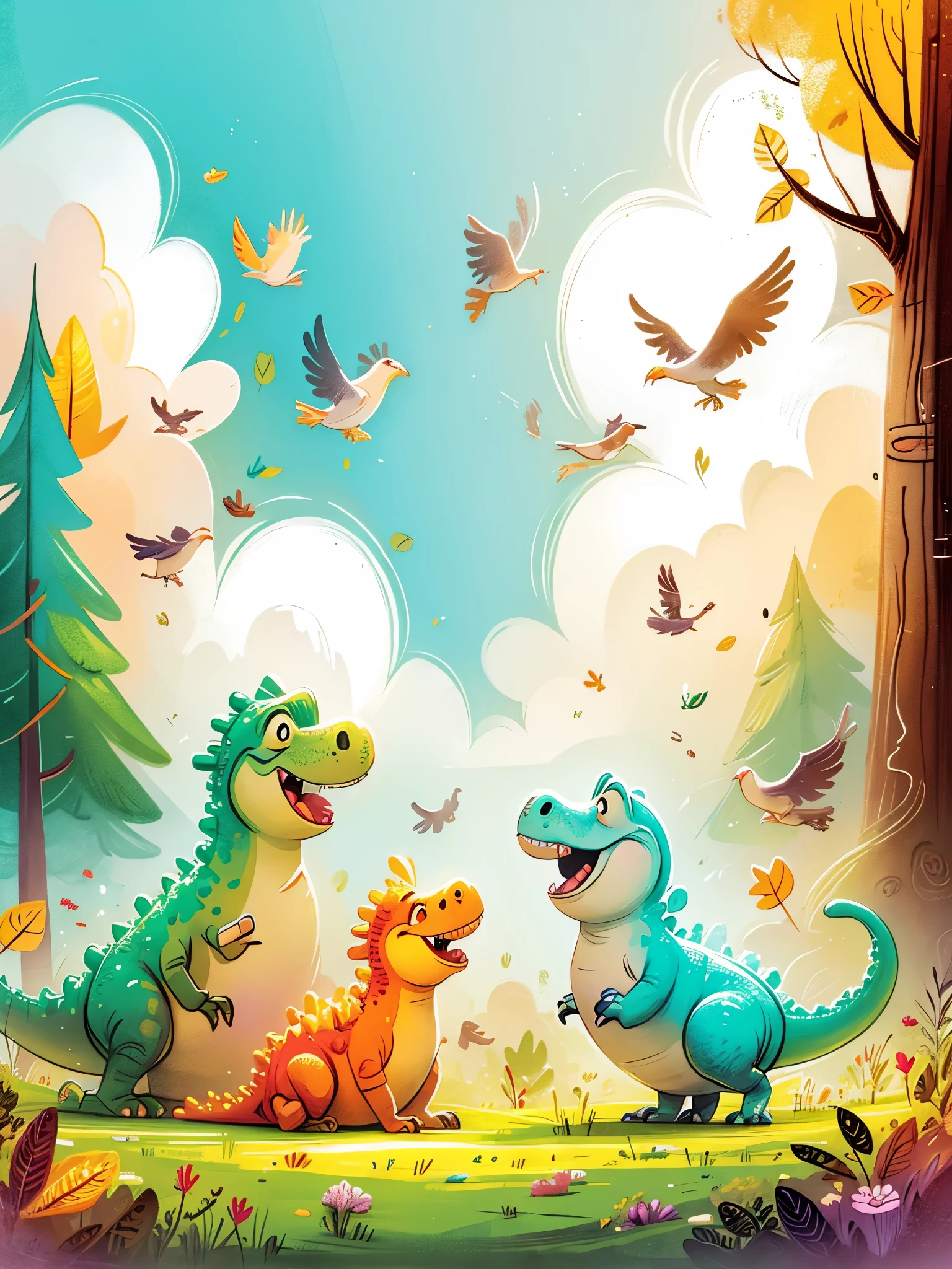 dinosaurs,  forest, distant, clouds