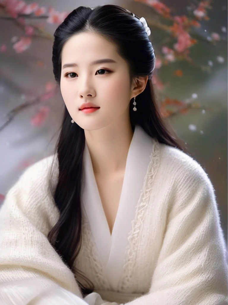  She would have a soft, delicate look with features like Liu Yifei’s. A balance between elegance and warmth, with a hint of playfulness. with Liu Yifei’s ethereal elegance would create someone breathtaking. She has the kind of presence that feels both approachable and otherworldly, with delicate features that convey strength and grace. Her eyes are filled with emotion, drawing people in, while her smile lightd up the room with warmth and sincerity. Wearing a cozy sweater with a crisp white shirt underneath. Wearing a crisp white shirt layered with a cozy sweater and paired with dark jeans. realistic photo, high resolution, 4K