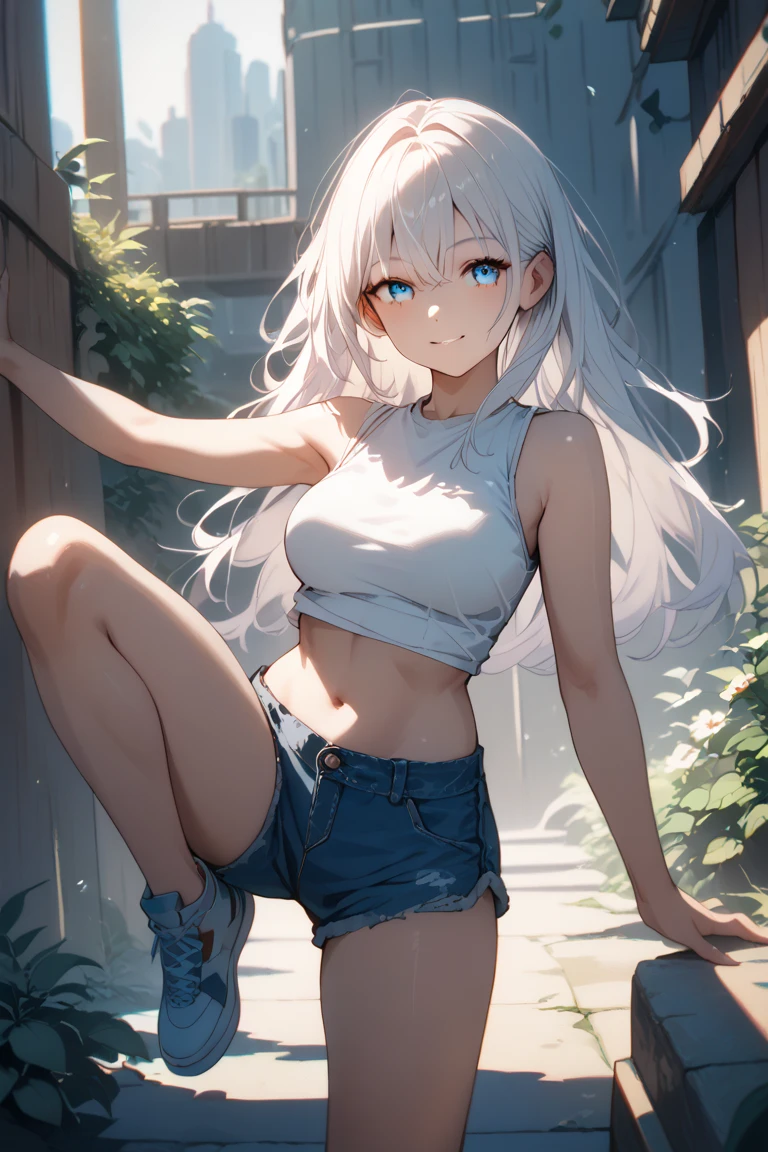 Satoru is a 20-year-old girl , with size 7 breasts,  with blue eyes , white long hair,  wearing a white sleeveless tank top,  in short shorts .  She stands on one leg ,  and lifts the second one straight up