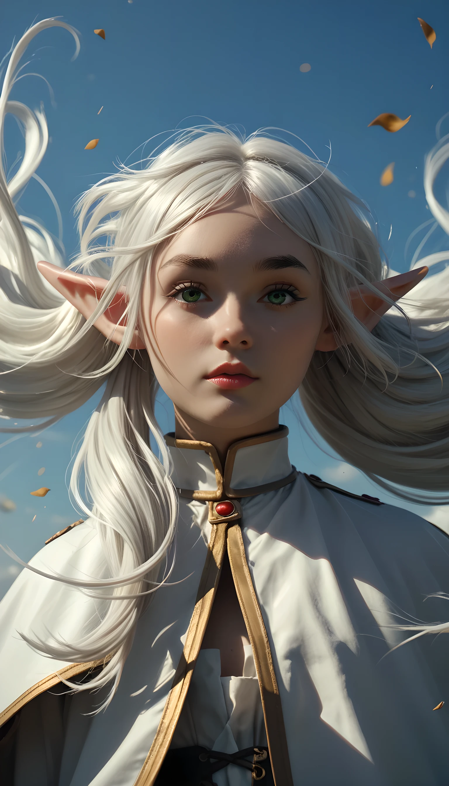 female elf with green eyes, thick eyebrows, long white hair parted in the middle and tied into two high pigtails, dark fantasy, frieren, looking at viewer, wind