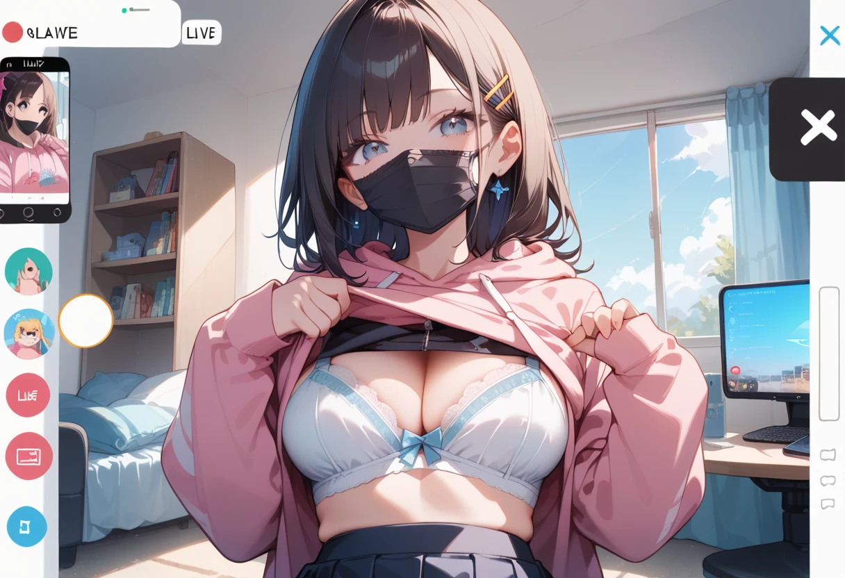 (masterpiece, best quality, ultra detailed, high resolution, detailed facial description), (1 female:1.3), (hoodie, hoodie lift, show bra), (mini skirt), (black mouth mask), looking at viewer, (fake phone screenshot), (livestream), my room, (upper body)