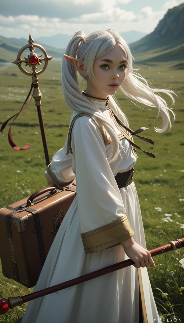 female elf with green eyes, thick eyebrows, long white hair parted in the middle and tied into two high pigtails, dark fantasy, frieren, looking at viewer, wind, staff, suitcase 