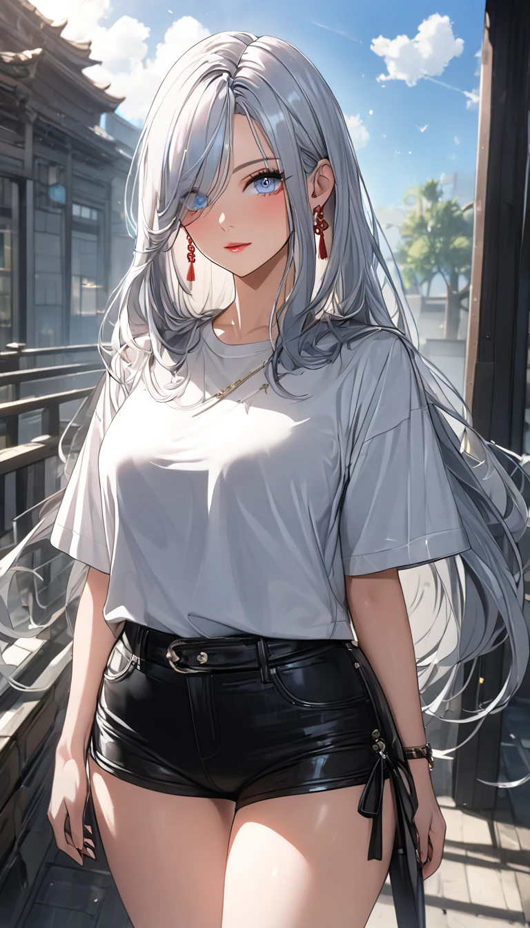 A woman with silver hair and red eyes.... Long hair She walked out the door with a sleepy expression on her face....Wear a long T-shirt.... Slim profile, Fair-skinned, large boobs, Slightly blushing....,
