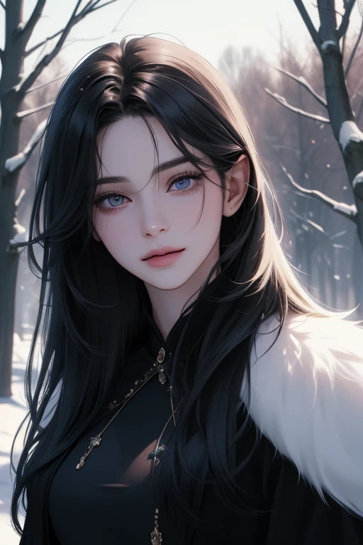 ((front view)), smile, (best quality, ((masterpiece)), 8K resolution, cinematic lighting, ultra detailed, Semi-realistic, beautiful detailed eyes),1 Women,(bangs hair), (fantasy Gorgeous costumes), 25-year-old,((black long straight hair)), winter, night, snowfall,(white fur coat),blue eyes