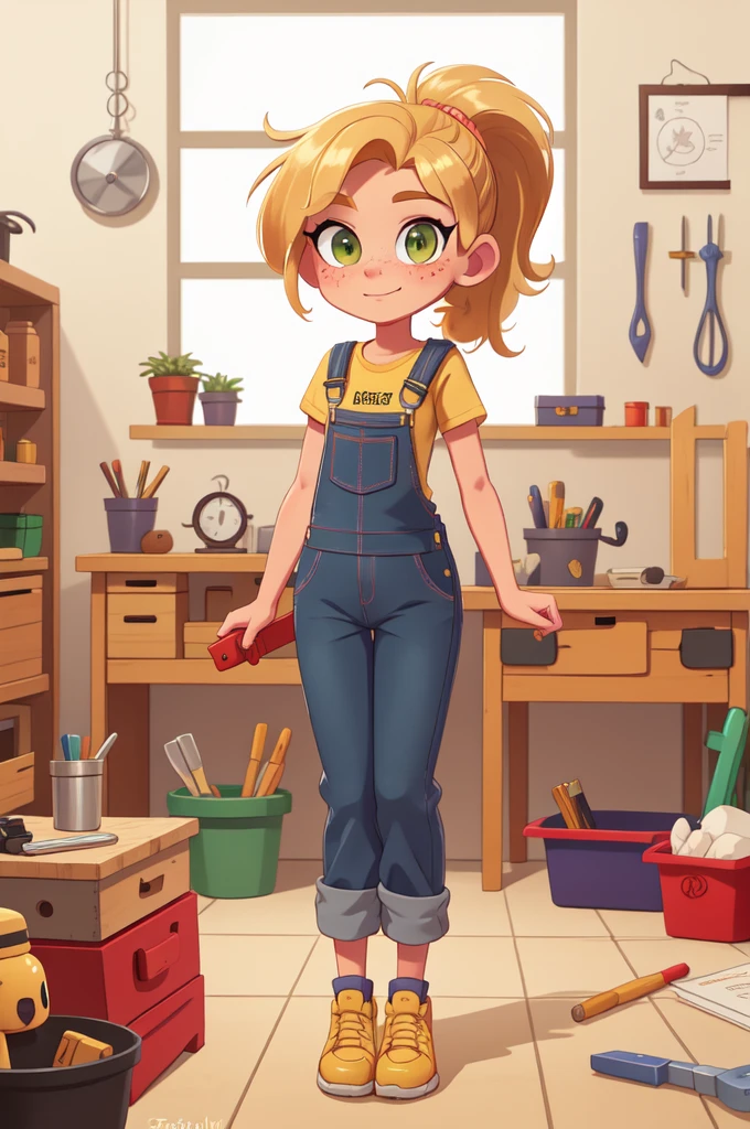  goldie _blox ,  green eyes , freckles,  full body,  ponytail , overalls,  toolbox ,  working in the workshop, table,  looking at the viewer , students,  medium chest , high