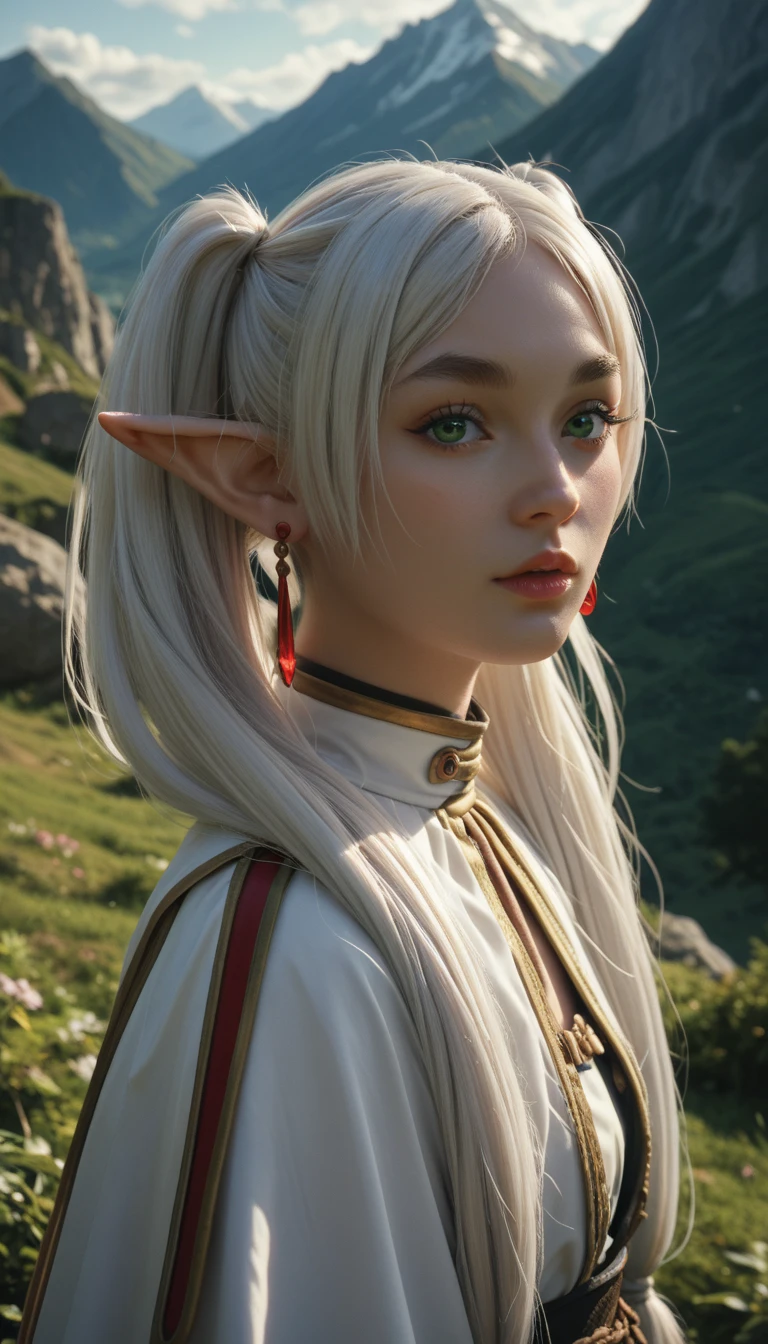 female elf with green eyes, thick eyebrows, long white hair parted in the middle and tied into two high pigtails, dark fantasy, frieren, looking at viewer, red earrings, mountains 