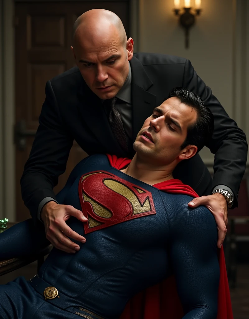 Portrait-style image featuring two men in a indoor place. The man on the front is leaning on the shoulder of the other man, pained facial expression, almost unconscious, his eyes are closed, falling to his knees, with his mouth slightly open and his eyes closed, head down, he looks like, h3nr4, Henry Cavill, dressed in a Superman costume, characterized by a blue suit with a large red and yellow 'S' emblem on the chest. He has short, dark hair, Short stubble, light skin, pained facial expression, almost unconscious. The man on the back is bald, has light skin, and is wearing a black suit with a black shirt and tie. He has a serious expression and is holding a green ctistal that emits a faint glow. The overall composition suggests a dynamic interaction between the two characters.