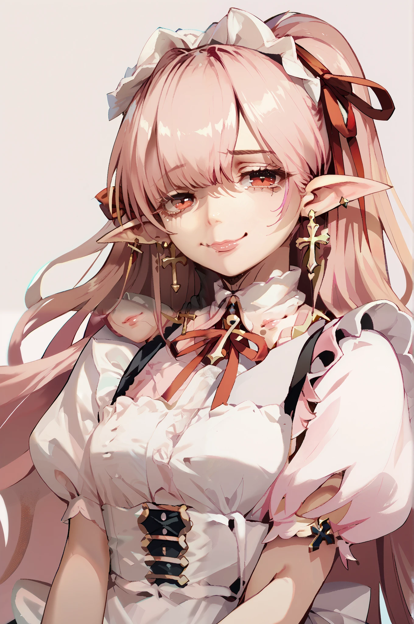 Long hair, boobs, Anime Characters, horse face, Pink hair, Pointed ears, Cross earrings , Red eyes, Smile faintly, Pink lips , sad (face), simple background, Hair Ribbon, anime, maid, white, black