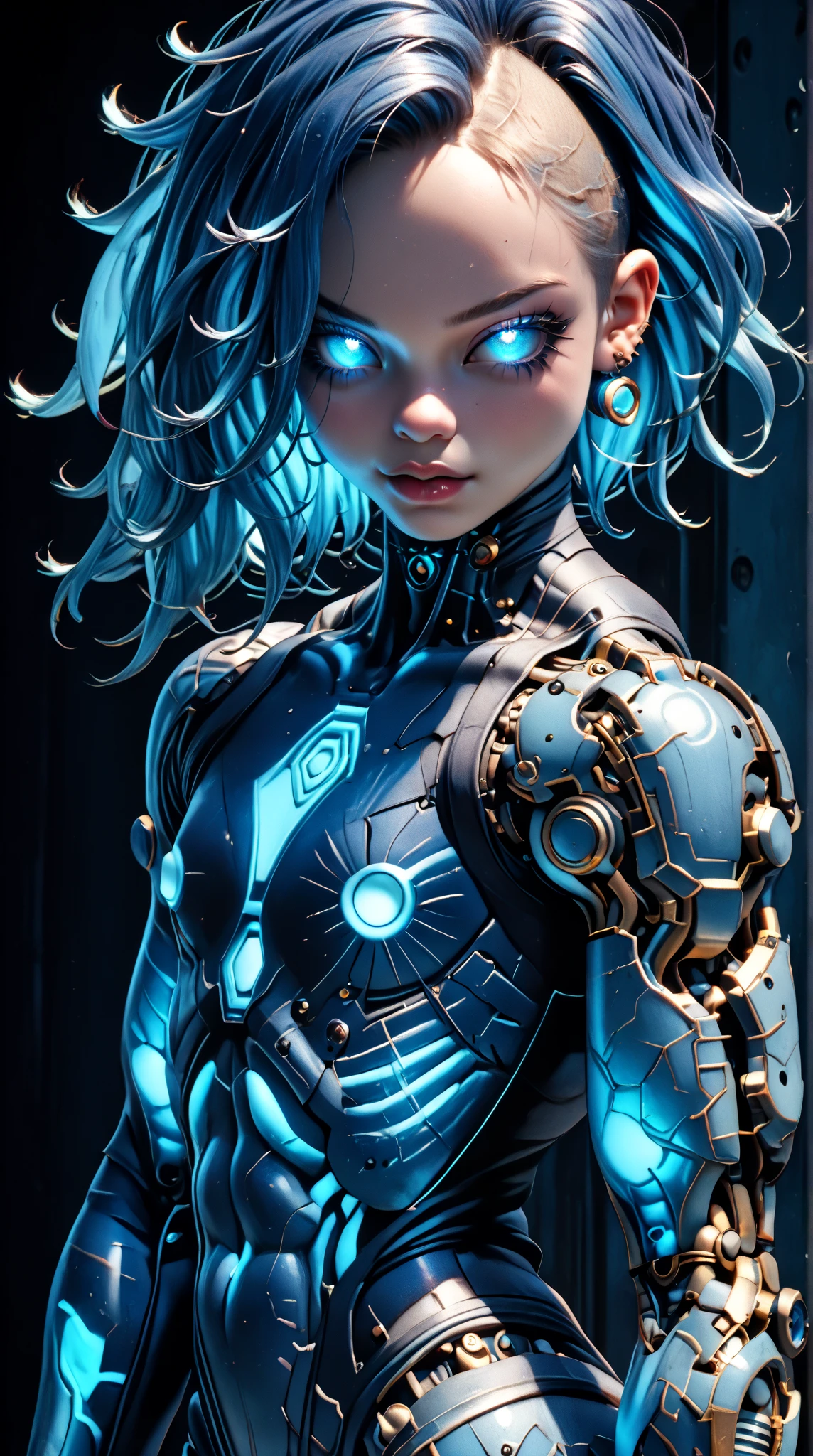 score_9, score_8_up, score_7_up, (Three quarters Shot), (1 girl), (asian), beautiful teenage (skinny) muscular goth cyborg girl, (full Cybernetic bodysuit:1.5), (black sclera:1.5), (blue glowing eyes:1.5), (blue glowing body veins:1.5), (flat chest:1.25), (blue glowing hair:1.25), (beautiful face:1.25), (bodybuilder femboy physique:1.25), (skinny long legs:0.75), (intricate gold filagree:1.25), bimbo lips, cowboy shot, cybernetic, mechanoid body parts, exposed cables and circuits, neon lights, gothic neon style, cyber punk style, super realistic image, beautiful digital paint , hyper Realistic illustrations, CyberRealistic_Negative_PONY-neg,CyberRealistic_Negative_PONY