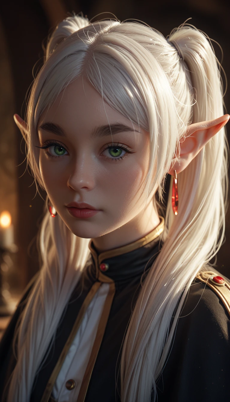 female elf with green eyes, thick eyebrows, long white hair parted in the middle and tied into two high pigtails, dark fantasy, frieren, looking at viewer, red earrings 