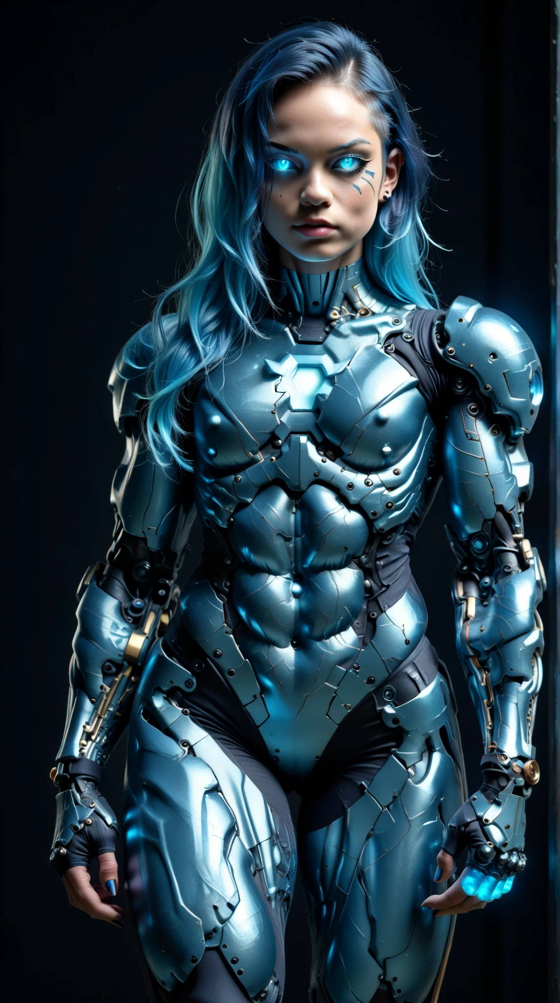 score_9, score_8_up, score_7_up, (Three quarters Shot), (1 girl), (asian), beautiful teenage (skinny) muscular goth cyborg girl, (full Cybernetic bodysuit:1.5), (black sclera:1.5), (blue glowing eyes:1.5), (blue glowing body veins:1.5), (flat chest:1.25), (blue glowing hair:1.25), (beautiful face:1.25), (bodybuilder femboy physique:1.25), (skinny long legs:0.75), (intricate gold filagree:1.25), bimbo lips, cowboy shot, cybernetic, mechanoid body parts, exposed cables and circuits, neon lights, gothic neon style, cyber punk style, super realistic image, beautiful digital paint , hyper Realistic illustrations, CyberRealistic_Negative_PONY-neg,CyberRealistic_Negative_PONY