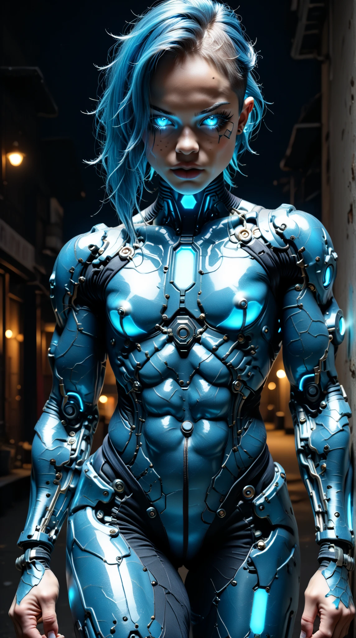 score_9, score_8_up, score_7_up, (Three quarters Shot), (1 girl), (asian), beautiful teenage (skinny) muscular goth cyborg girl, (full Cybernetic bodysuit:1.5), (black sclera:1.5), (blue glowing eyes:1.5), (blue glowing body veins:1.5), (flat chest:1.25), (blue glowing hair:1.25), (beautiful face:1.25), (bodybuilder femboy physique:1.25), (skinny long legs:0.75), (intricate gold filagree:1.25), bimbo lips, cowboy shot, cybernetic, mechanoid body parts, exposed cables and circuits, neon lights, gothic neon style, cyber punk style, super realistic image, beautiful digital paint , hyper Realistic illustrations, CyberRealistic_Negative_PONY-neg,CyberRealistic_Negative_PONY