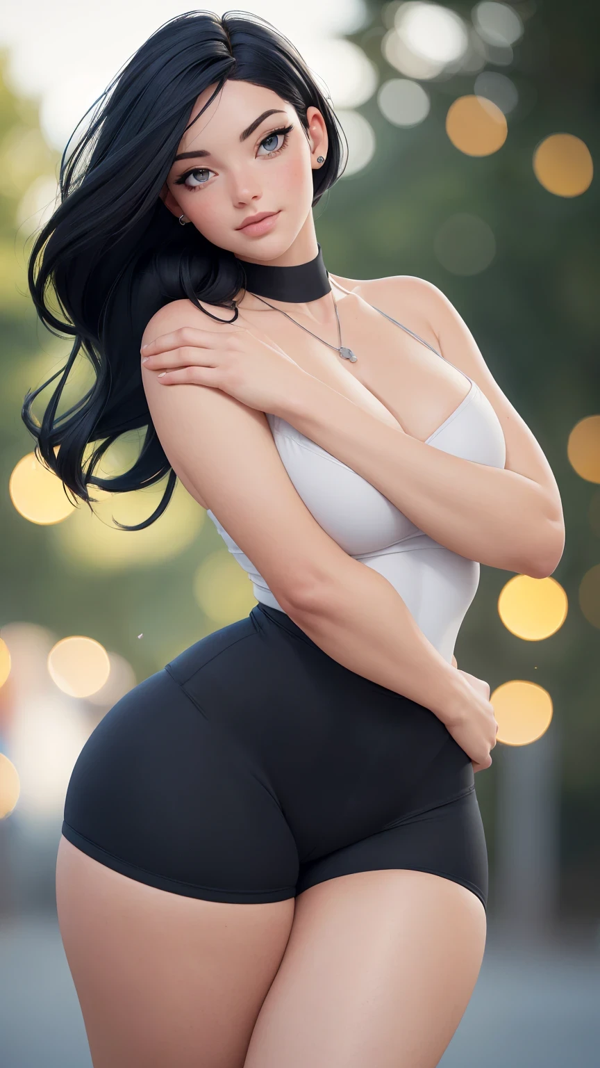 1 girl, beaulty, realistic skin, medium perfect breasts, sweet,nose ring piercing, shoulder height straight black hair, wearing invisible crop top with short shorts, pierced, look camera, wide hips, very wide hips, legging pants, sweat body.(verism style),(puffy lips),voluptuous
