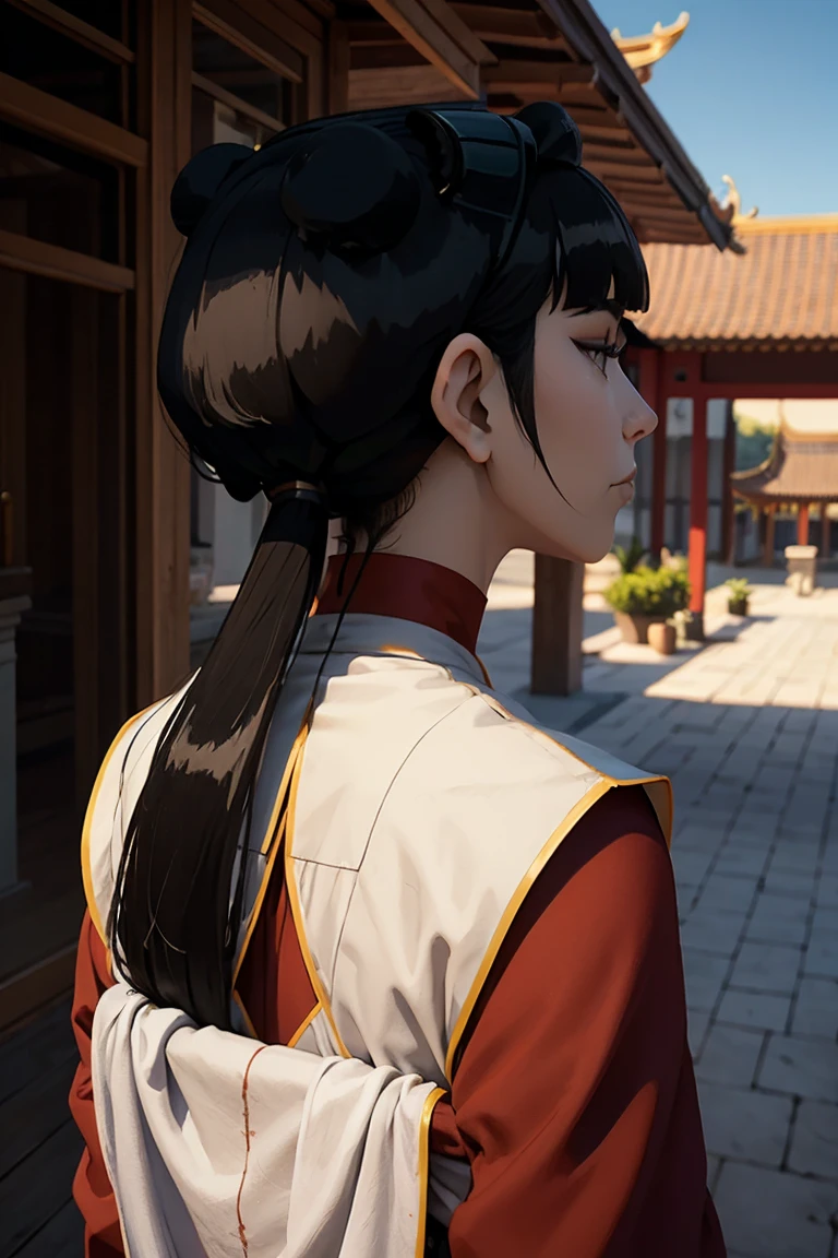 8k, ray tracing, vibrant colors, (1girl), (solo:1.4), (mai:1.4), chinese clothes, black hair, long hair, sidelocks, (from behind), masterpiece, sharp focus, Best Quality, depth of field, cinematic lighting, very detailed clothes, perfect hair, Rich in details and textures, masterpiece, Best Quality, beautiful girl, Sun light, chiaroscuro, (perfect hands:0.7, Clean hands:0.7), ((((Professional photography)))), ((Dream)), Whole body, outdoors
