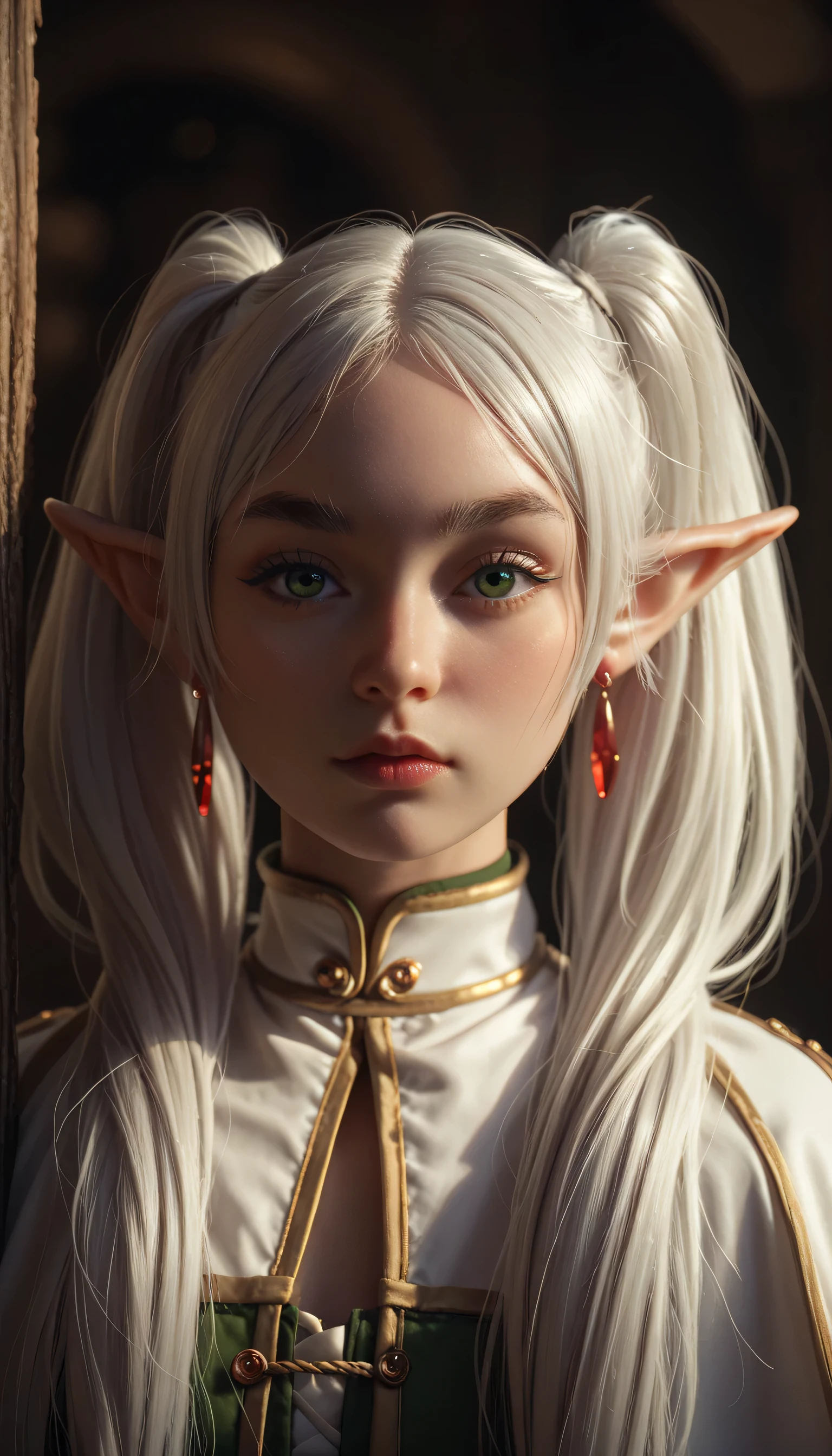 female elf with green eyes, thick eyebrows, long white hair parted in the middle and tied into two high pigtails, dark fantasy, frieren, looking at viewer, red earrings 