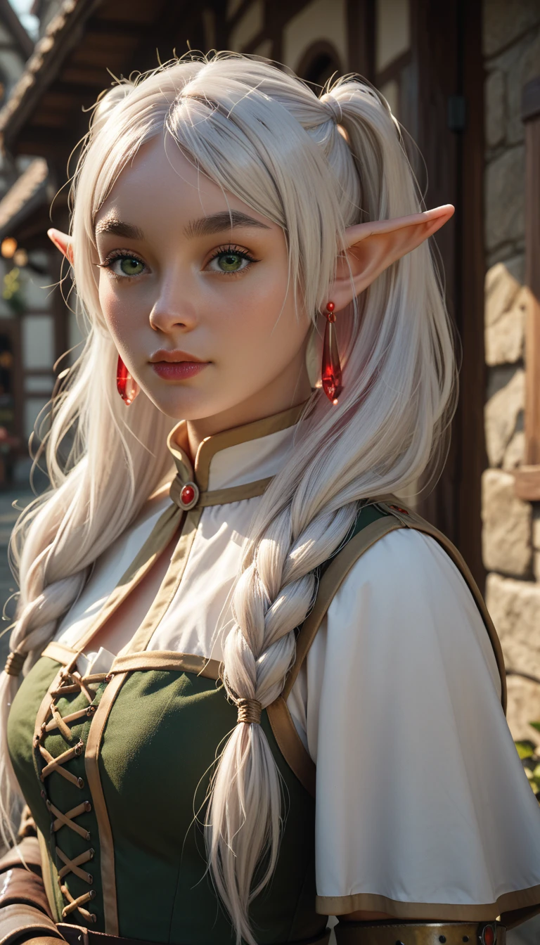 female elf with green eyes, thick eyebrows, long white hair parted in the middle and tied into two high pigtails, dark fantasy, frieren, looking at viewer, red earrings, medieval town