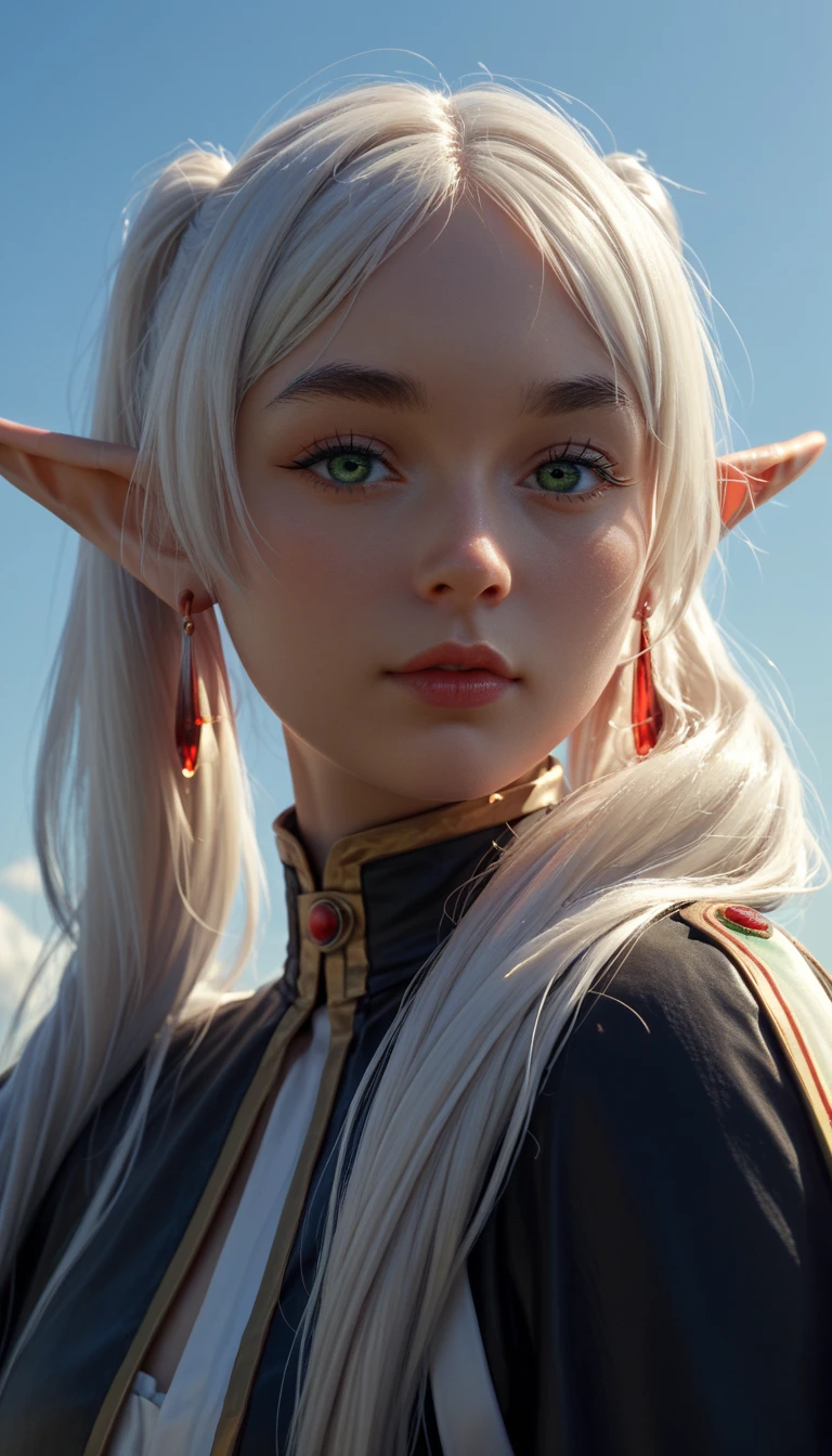 female elf with green eyes, thick eyebrows, long white hair parted in the middle and tied into two high pigtails, dark fantasy, frieren, looking at viewer, red earrings, blue sky