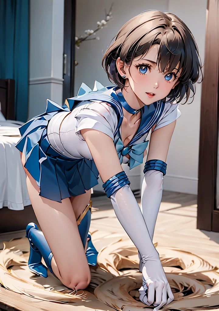   Masterpiece  ,   top quality ,  high definition ,  realistic , Show more1,  tiara ,  Sailor Warrior Uniform,  blue skirt, blue sailor collar,  tiara , bow,  Knee-High Boots ,  choker, White handbag, blue  choker, elbow gloves, gem,  earrings for a woman alone,  pleated skirt ,  IN BED,  angle from below, ((spread pussy:1.1)), ((On all fours and from behind:1.3)) 