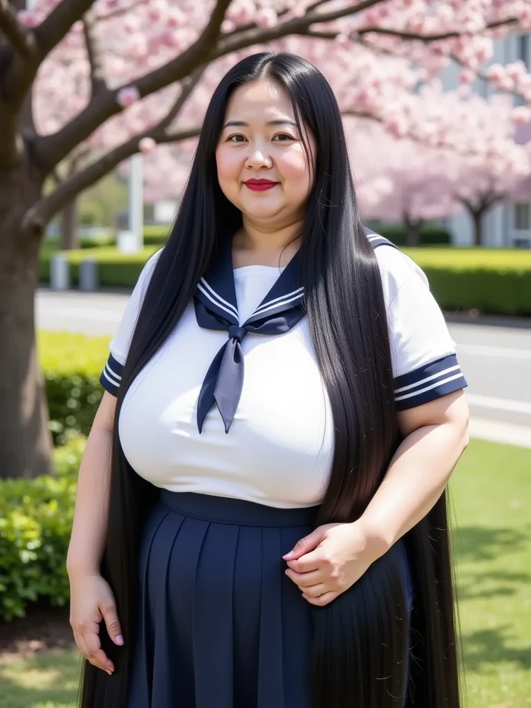 8k,Highest quality, masterpiece, Ultra-high resolution,(masterpiece:1.6, Highest quality), Intricate details, 1 female,Middle-aged woman in her 50s, japanese, full body,  top of head,  ((Absurdly Long hair:1.5)) ((jet Black Hair)), ((forehead:1.5)),  ((Extremely obese, Fat face, round face, Saggy face, crow's feet wrinkies:1.4)) ,((huge breasts, gigantic breasts:1.5)), ((super Saggy breasts:1.5)), ((pale skin, shiny red lips)), ((A mature woman with ridiculously long dark hair is standing under a cherry tree, white sailor suit, navy blue skirt with shirasu,:1.5))