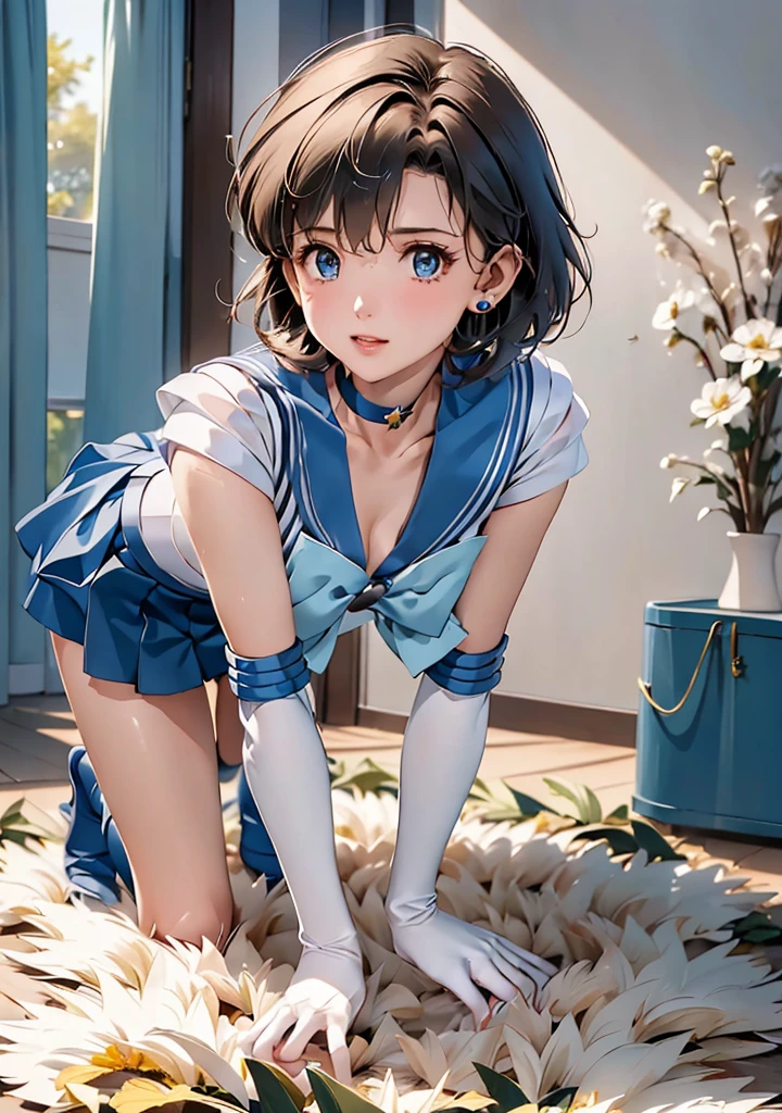   Masterpiece  ,   top quality ,  high definition ,  realistic , Show more1,  tiara ,  Sailor Warrior Uniform,  blue skirt, blue sailor collar,  tiara , bow,  Knee-High Boots ,  choker, White handbag, blue  choker, elbow gloves, gem,  earrings for a woman alone,  pleated skirt ,  IN BED,  angle from below, ((spread pussy:1.1)), ((On all fours and from behind:1.3)) 