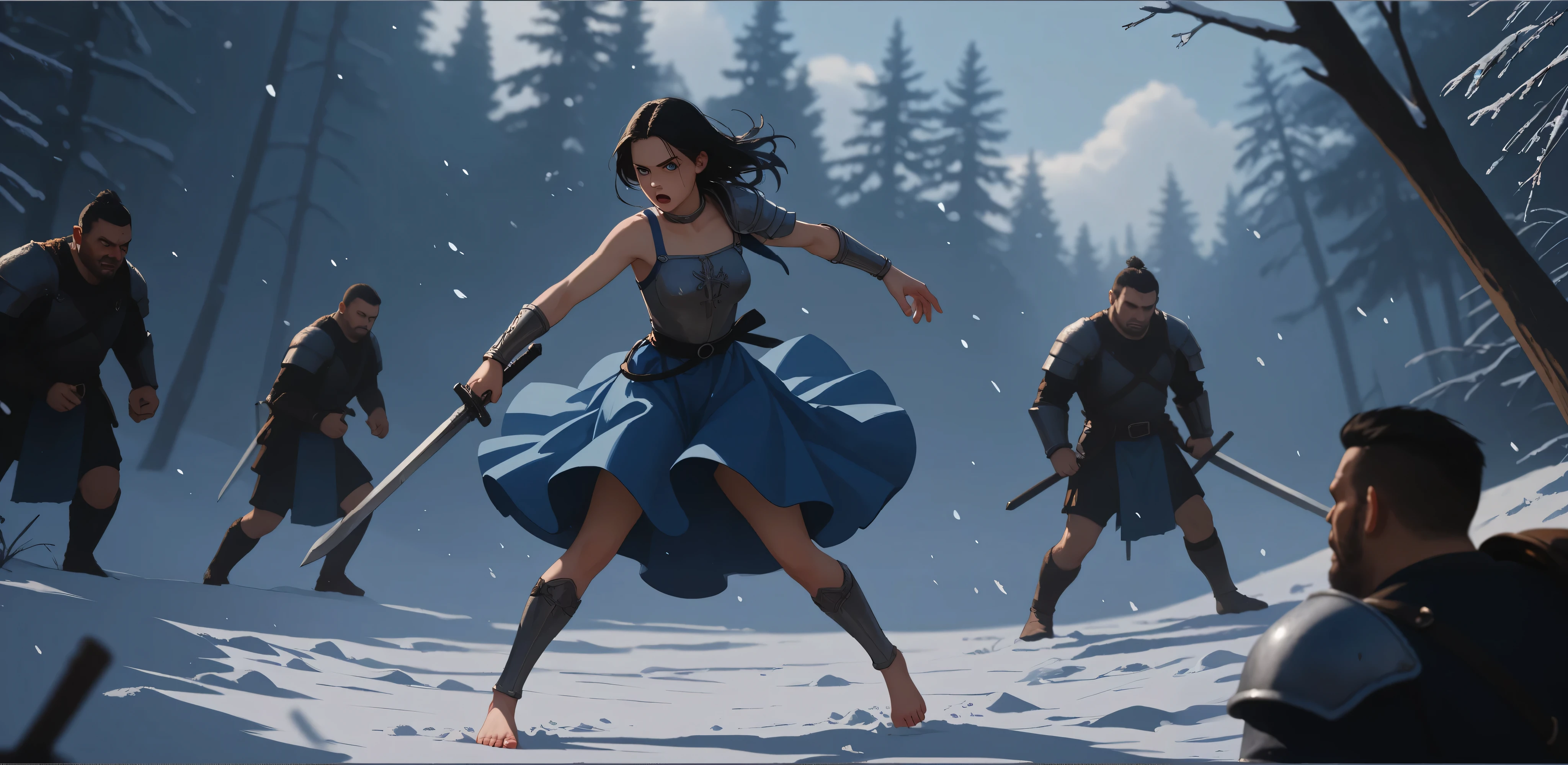 Warrior boy, Blue dress, full body , silver collar , silver rings , long straight hair , black hair, Depth of Field , pose, high contrast , perfect feet, light skin, best quality , masterpiece , Silver Bracelet, High Definition, Blue Eyes, pine trees, Over the snow , crucifixo, medium breasts, perfect face, perfect hands, perfect eyes, hairy armpit , armor breastplate, orc, Silver Sword, Angry man, blood, war, fight, Open mouth, perfect nose