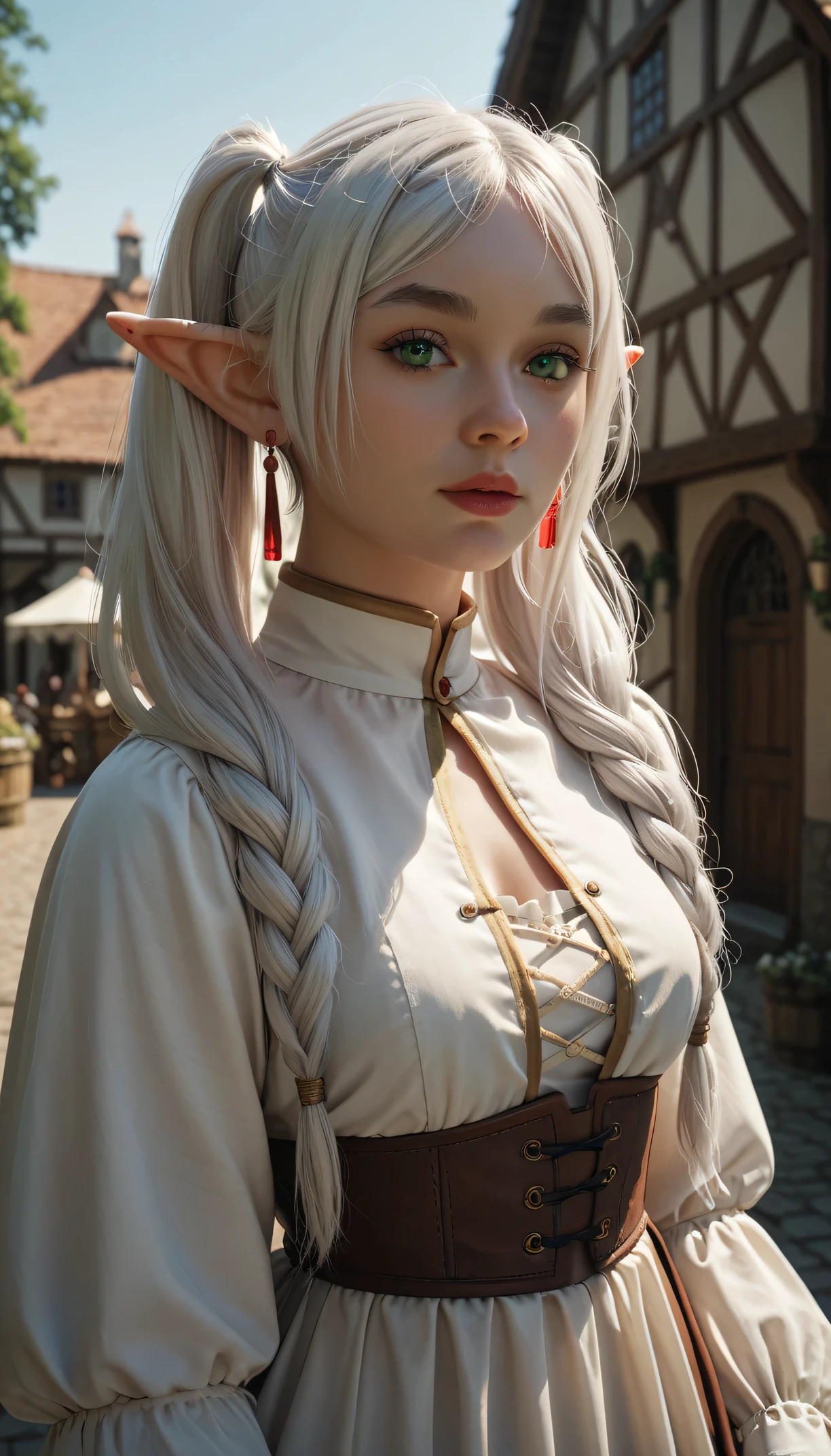 female elf with green eyes, thick eyebrows, long white hair parted in the middle and tied into two high pigtails, dark fantasy, frieren, looking at viewer, red earrings, medieval town