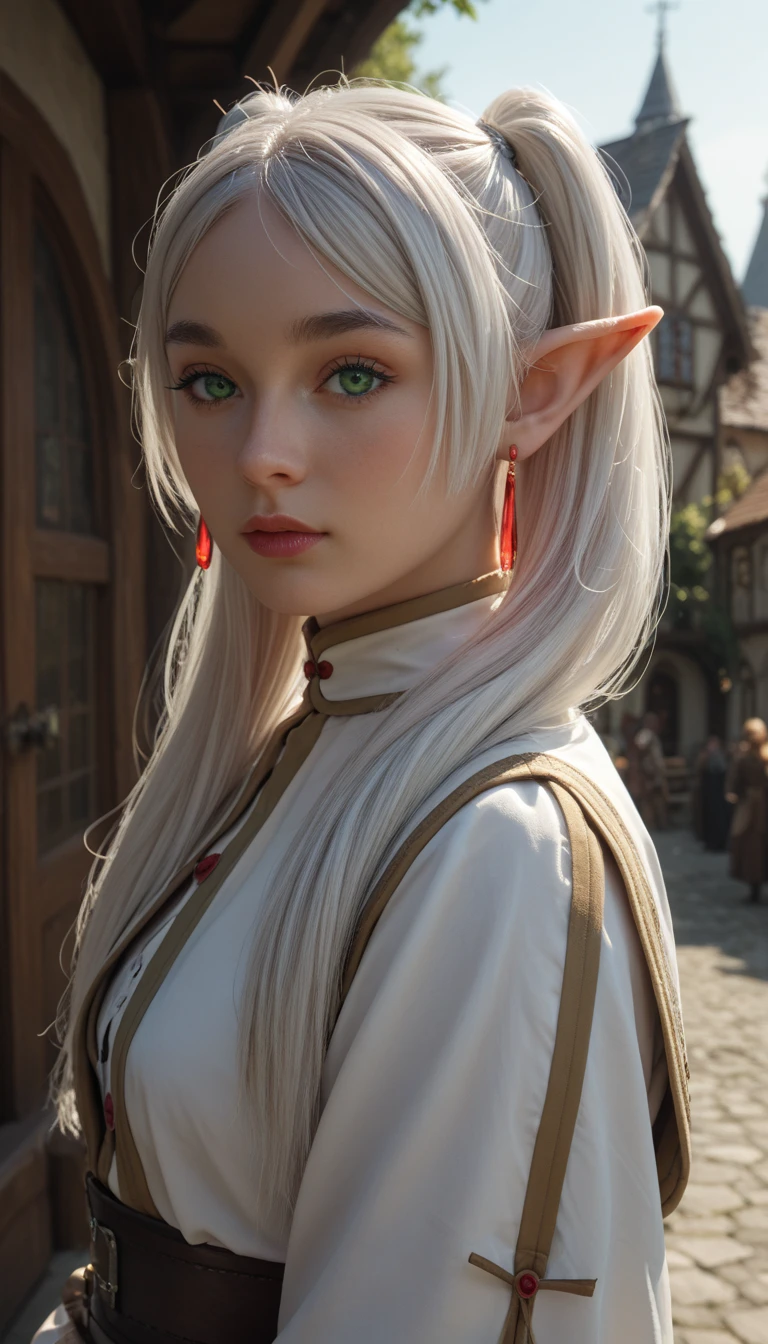 female elf with green eyes, thick eyebrows, long white hair parted in the middle and tied into two high pigtails, dark fantasy, frieren, looking at viewer, red earrings, medieval town